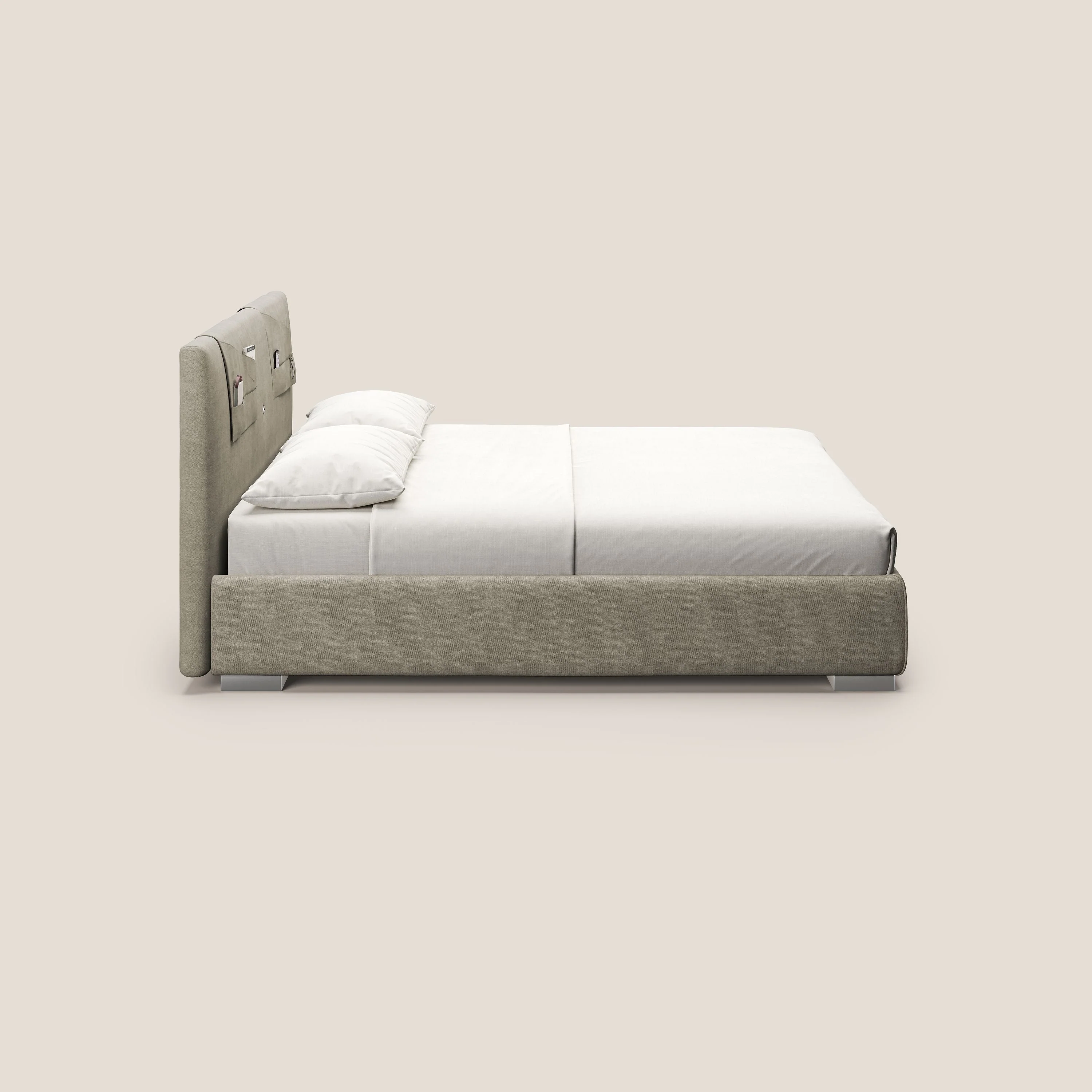 Horus lit rembourré avec coffre et prise USB sur la tête de lit en tissu imperméable T02 crème - Image 5