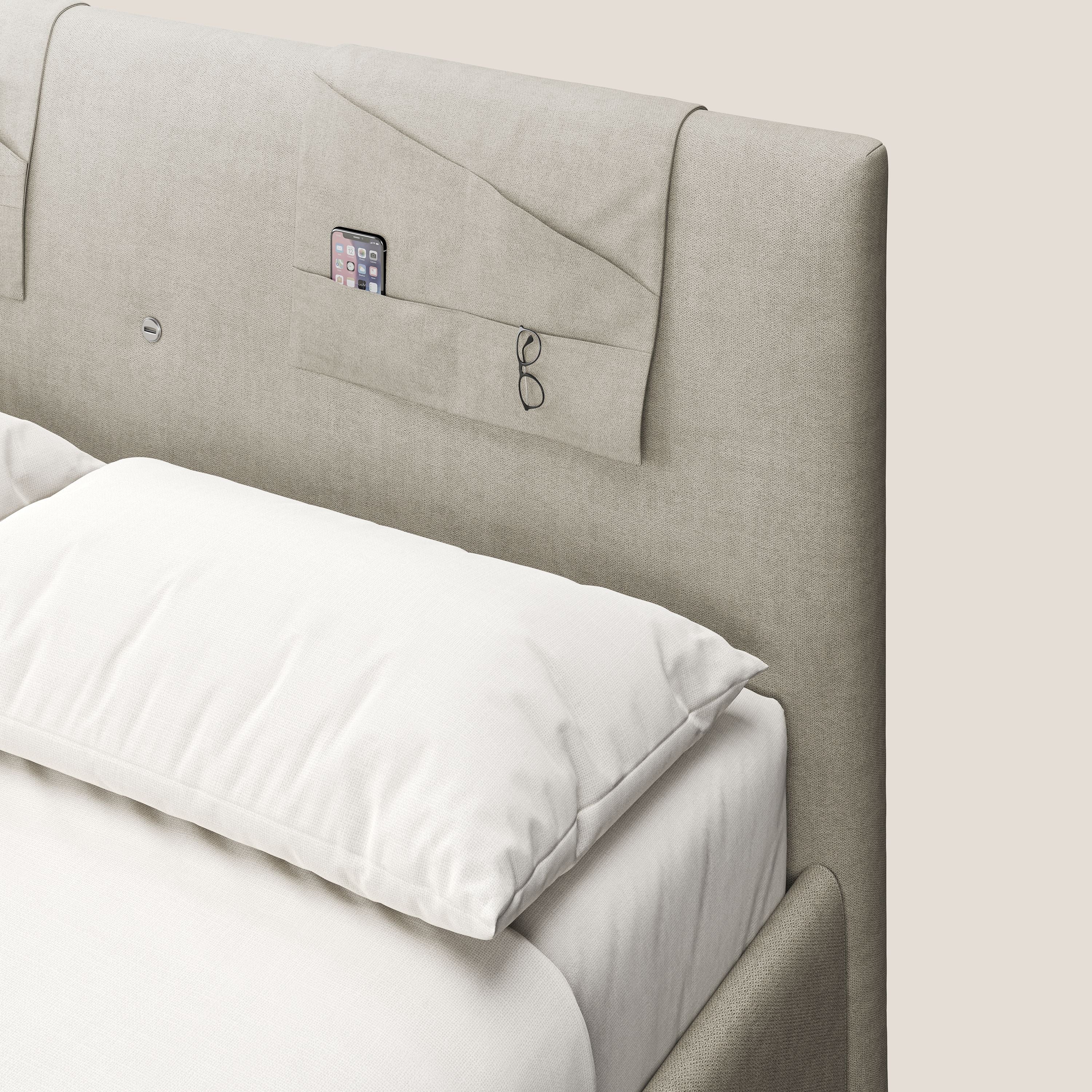 Horus lit rembourré avec coffre et prise USB sur la tête de lit en tissu imperméable T02 crème - Image 7