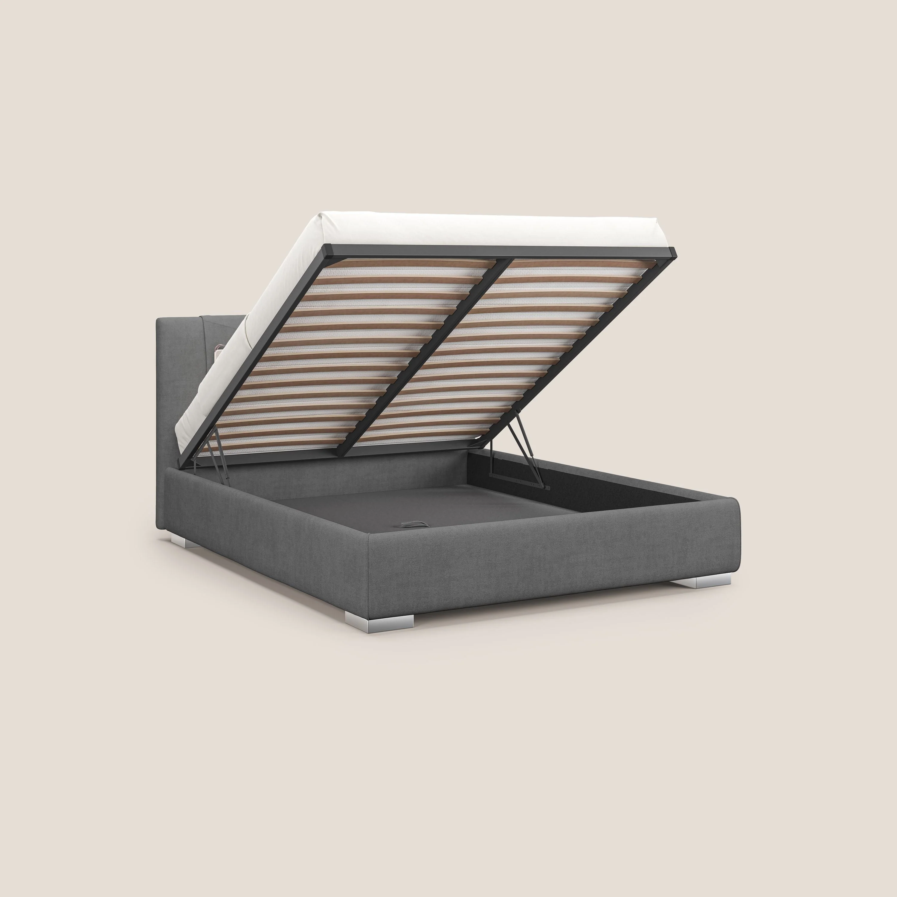 Horus lit rembourré avec coffre et prise USB sur la tête de lit en tissu imperméable T02 gris - Image 2