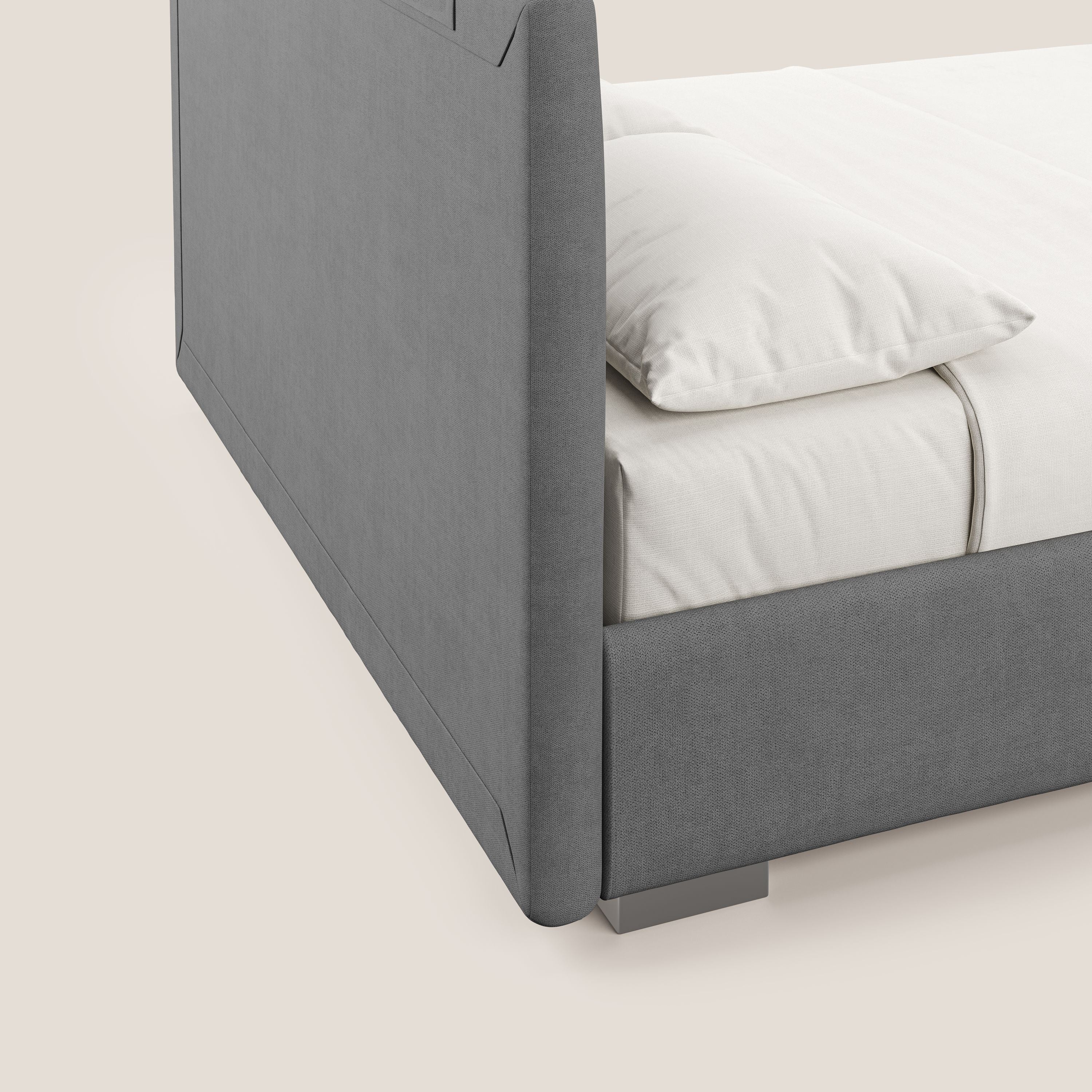 Horus lit rembourré avec coffre et prise USB sur la tête de lit en tissu imperméable T02 gris - Image 4