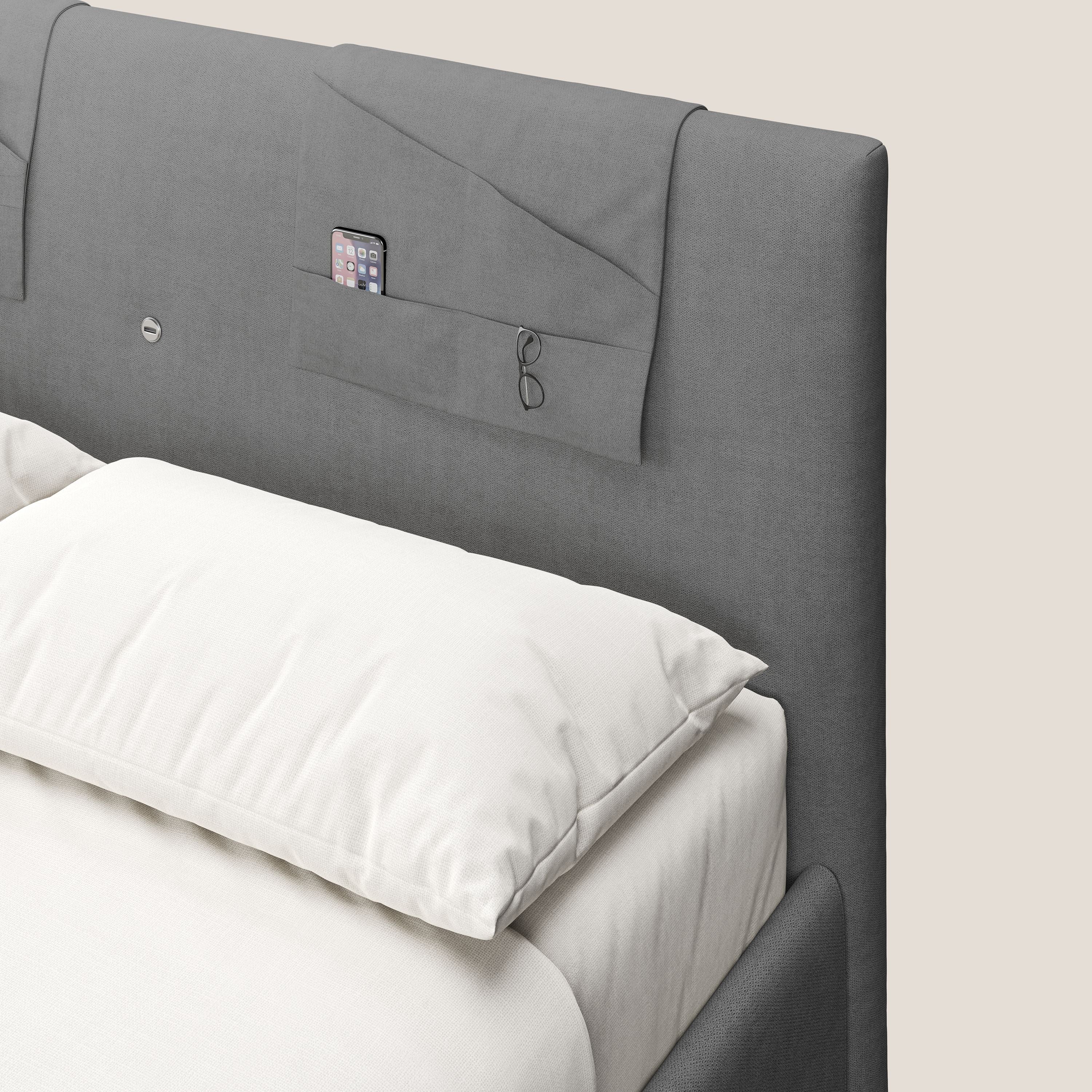 Horus lit rembourré avec coffre et prise USB sur la tête de lit en tissu imperméable T02 gris - Image 7