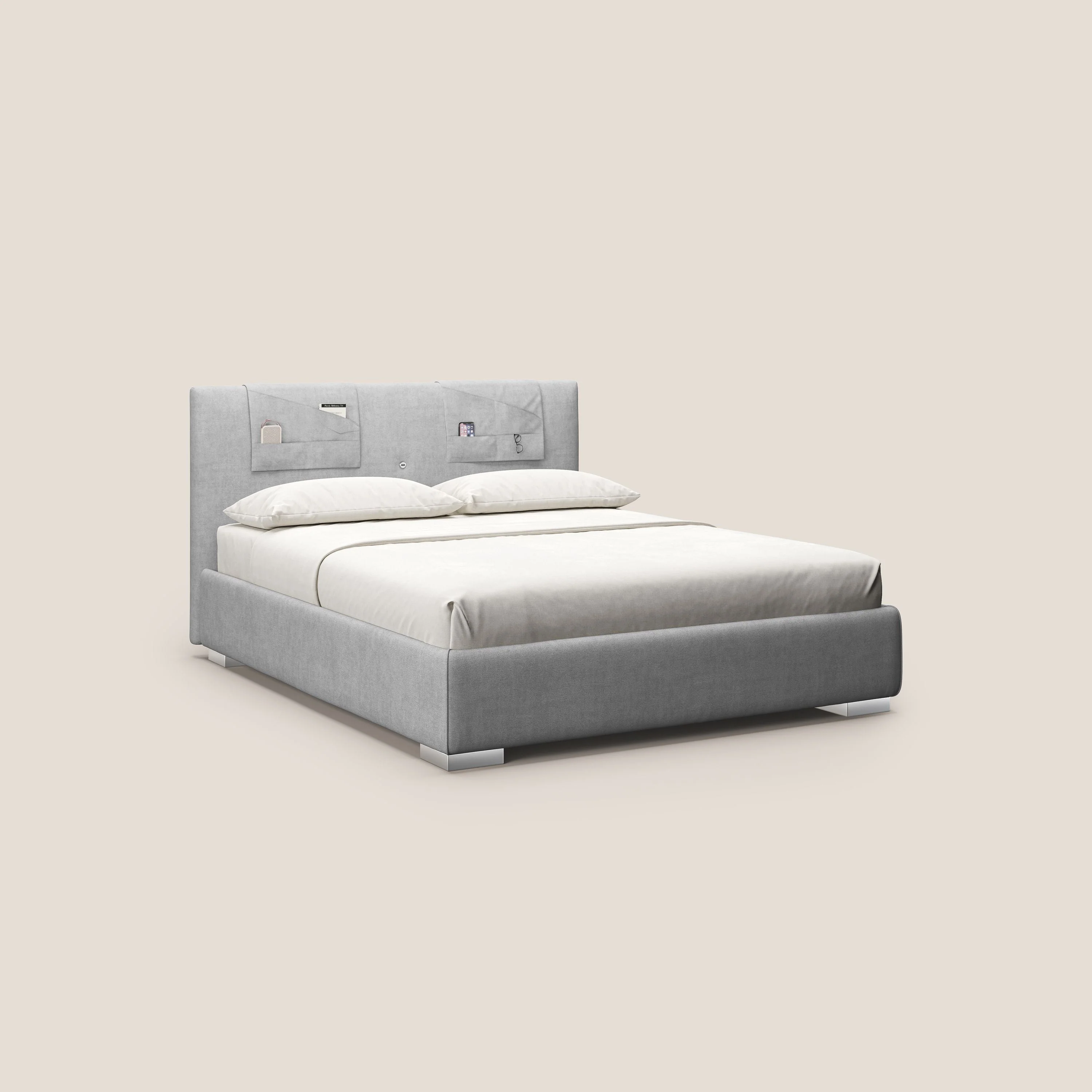 Horus lit rembourrĂ© avec coffre et prise USB sur la tĂȘte de lit en tissu impermĂ©able T02 gris clair