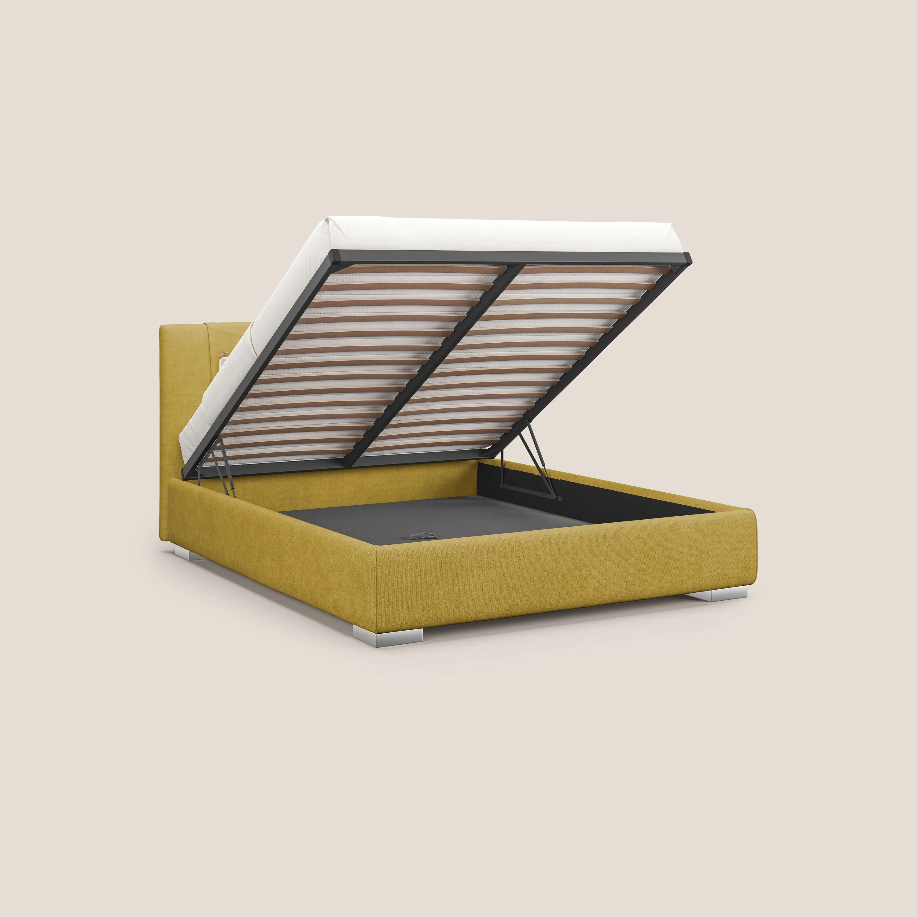 Horus lit rembourré avec coffre et prise USB sur la tête de lit en tissu imperméable T02 jaune - Image 2