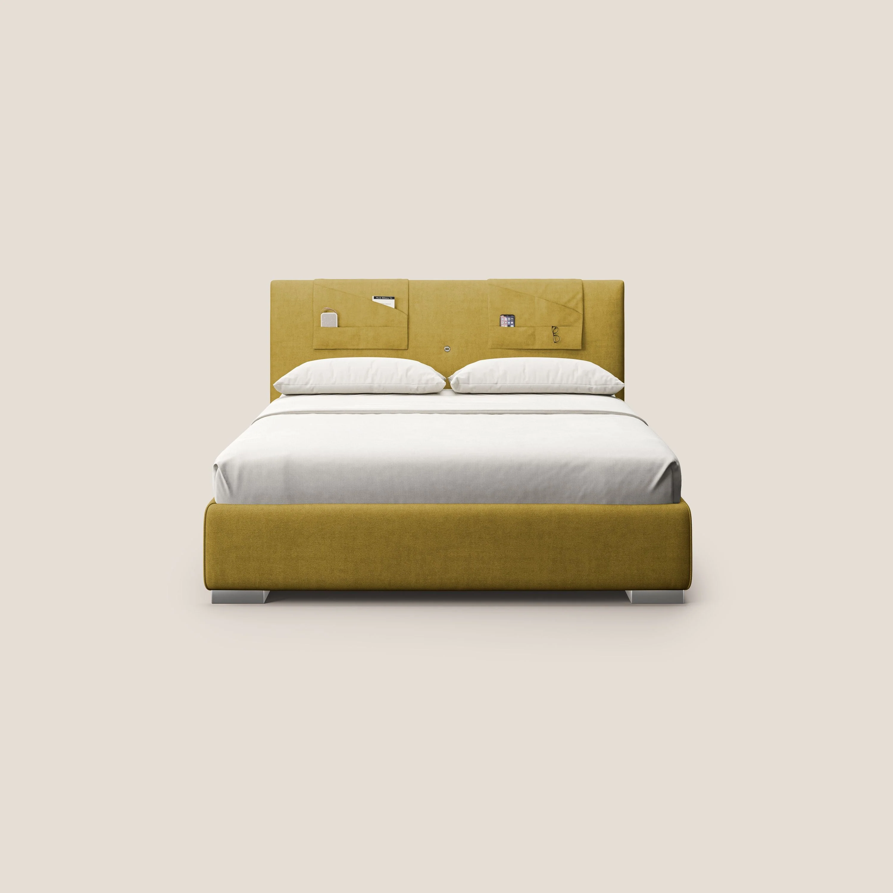 Horus lit rembourré avec coffre et prise USB sur la tête de lit en tissu imperméable T02 jaune - Image 3