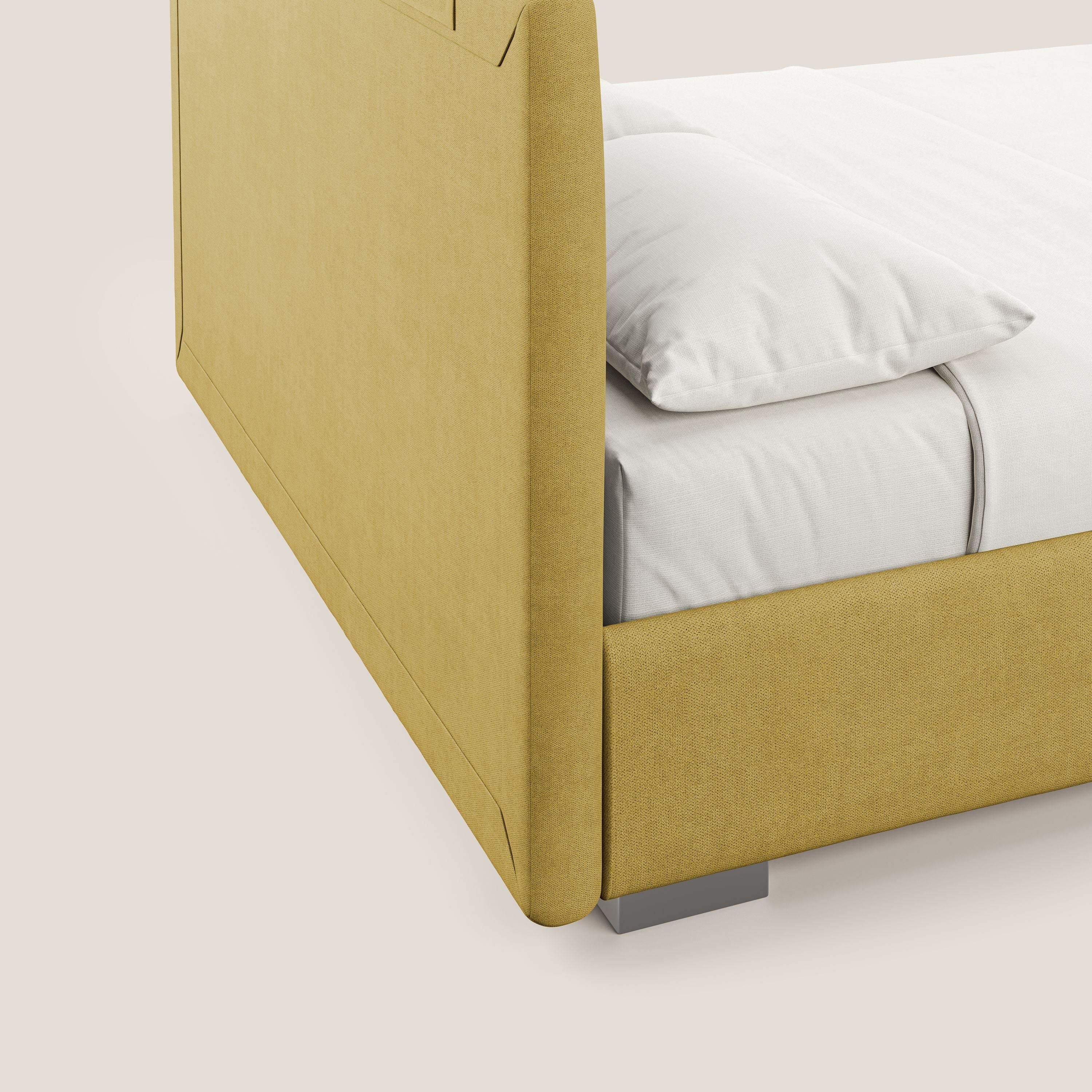 Horus lit rembourré avec coffre et prise USB sur la tête de lit en tissu imperméable T02 jaune - Image 4