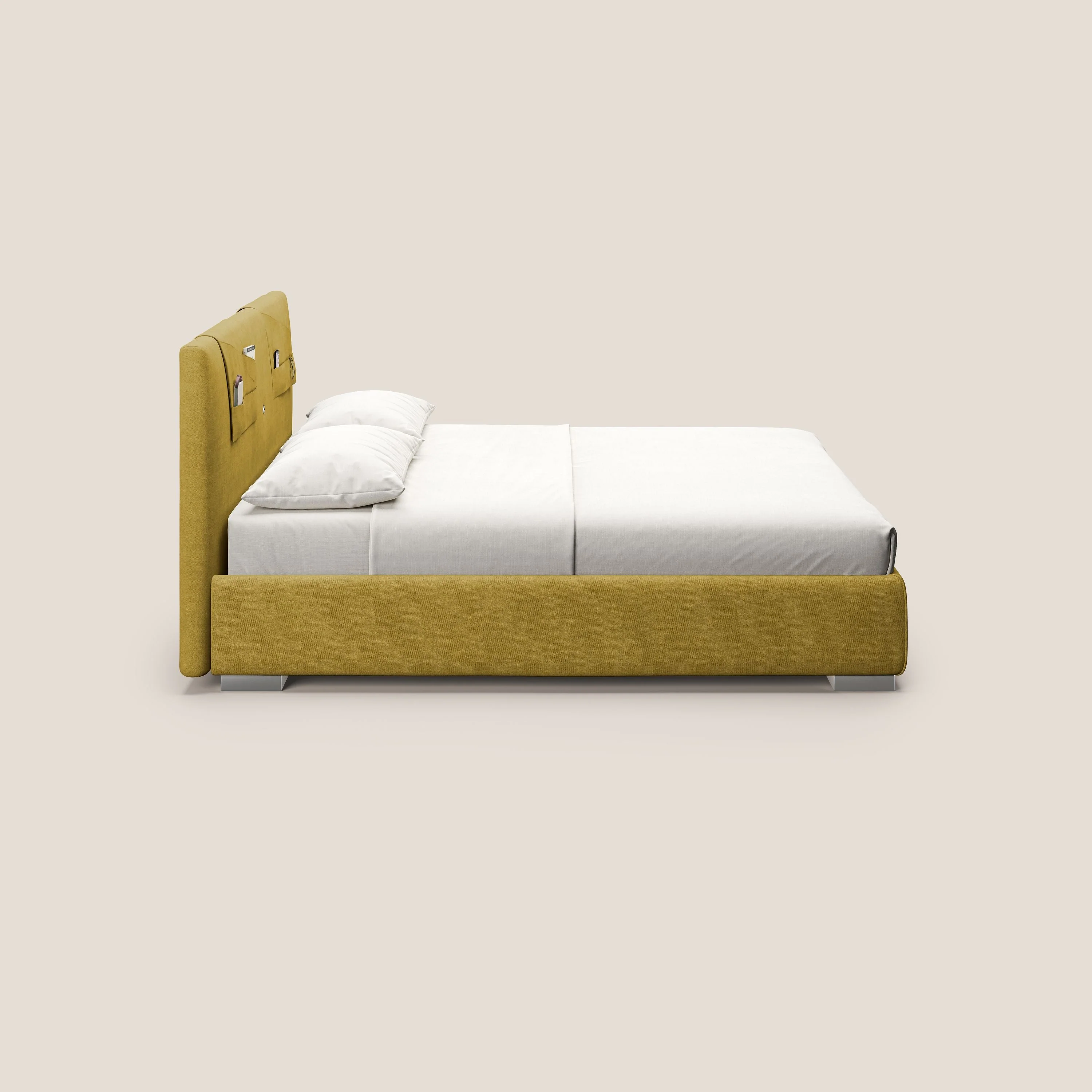 Horus lit rembourré avec coffre et prise USB sur la tête de lit en tissu imperméable T02 jaune - Image 5