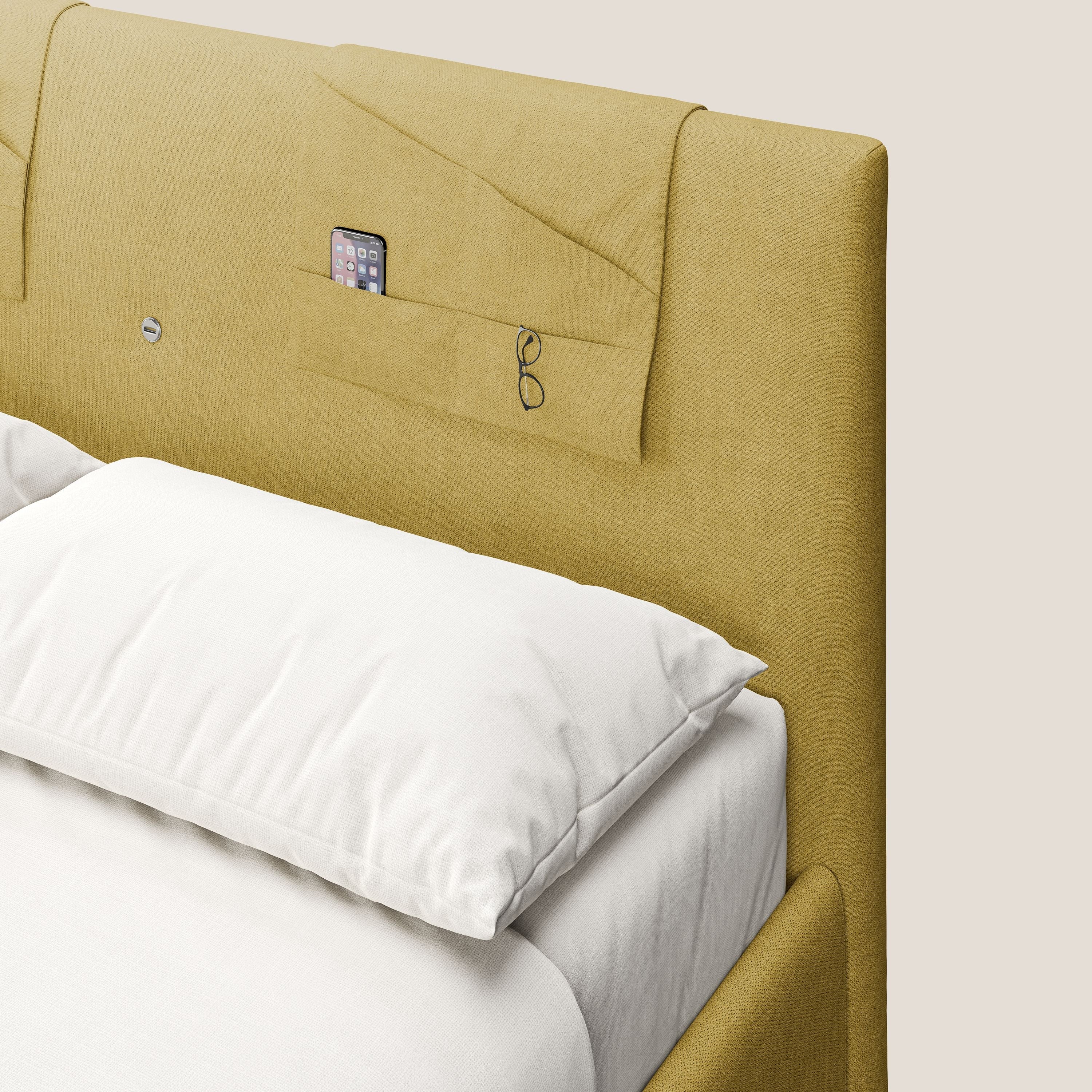 Horus lit rembourré avec coffre et prise USB sur la tête de lit en tissu imperméable T02 jaune - Image 7