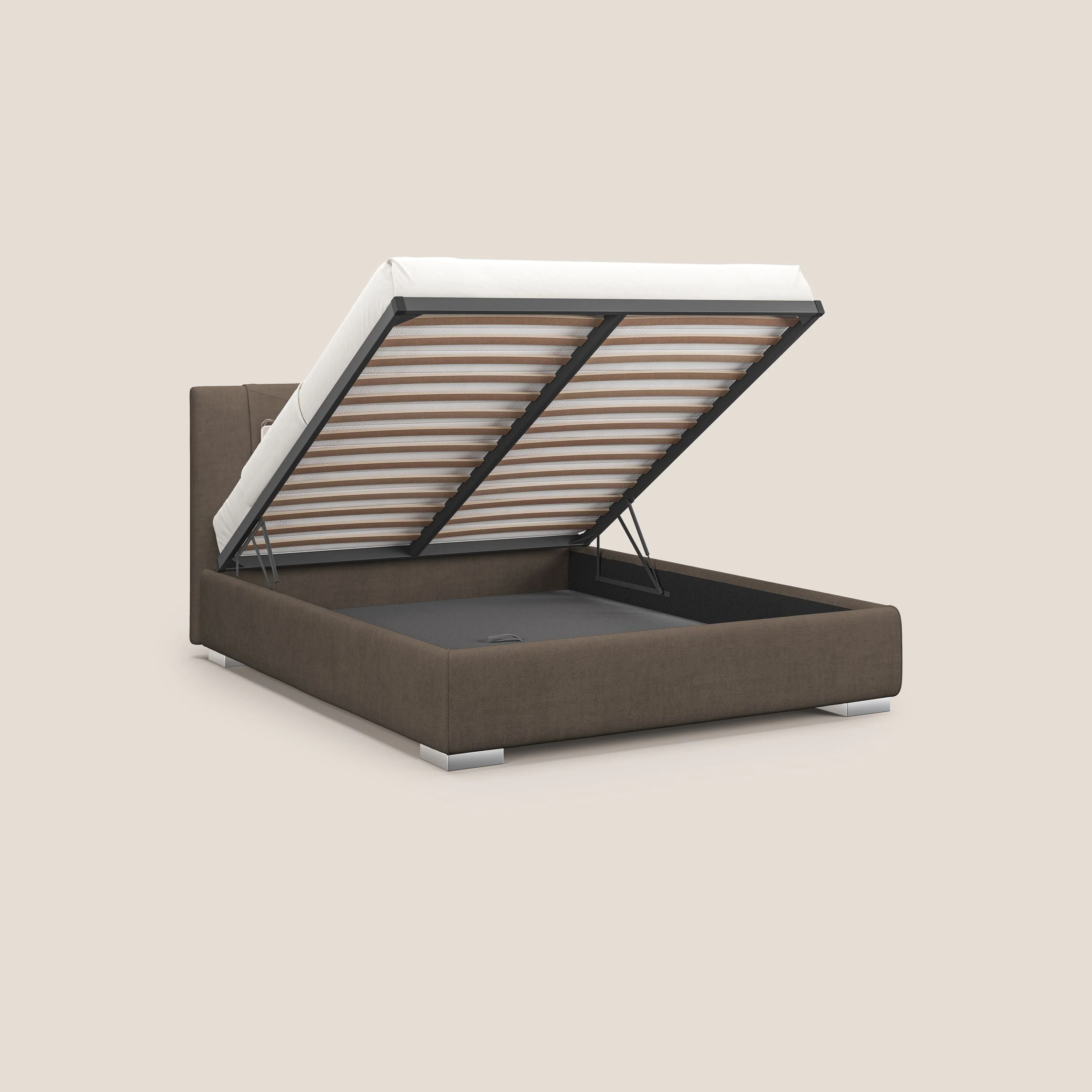 Horus lit rembourré avec coffre et prise USB sur la tête de lit en tissu imperméable T02 marron - Image 2