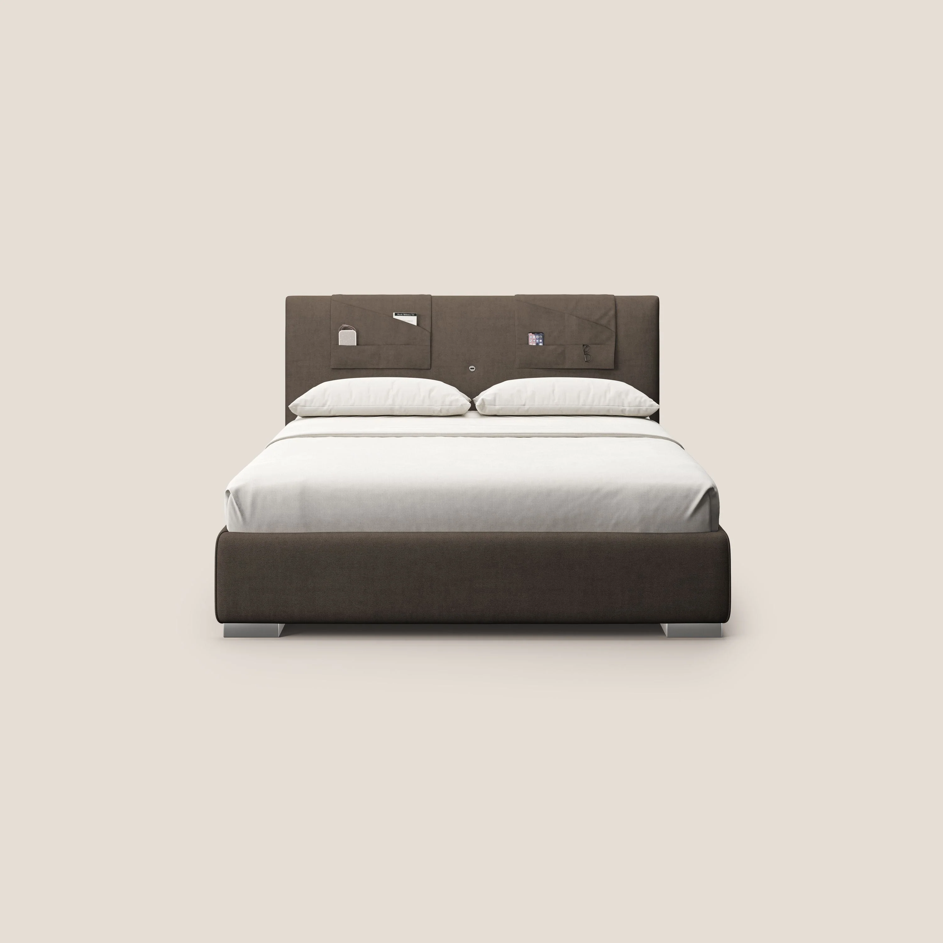 Horus lit rembourré avec coffre et prise USB sur la tête de lit en tissu imperméable T02 marron - Image 3