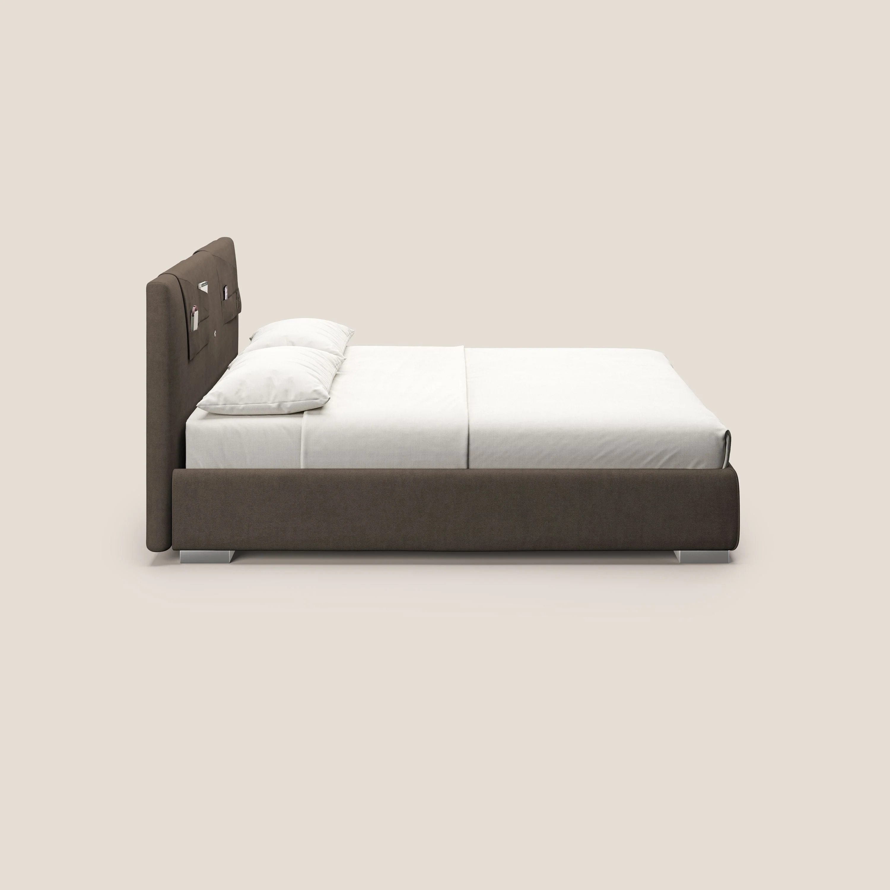 Horus lit rembourré avec coffre et prise USB sur la tête de lit en tissu imperméable T02 marron - Image 5