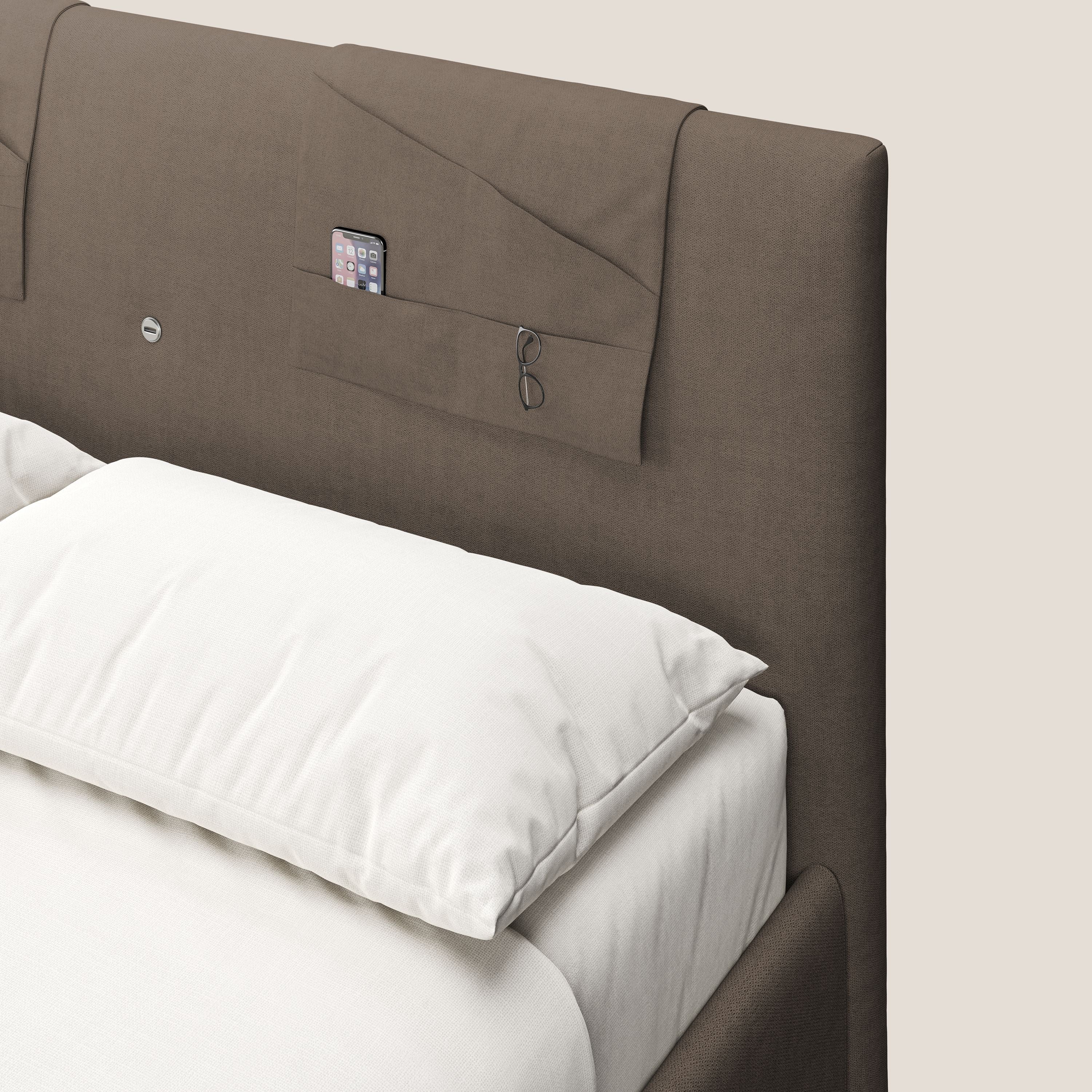 Horus lit rembourré avec coffre et prise USB sur la tête de lit en tissu imperméable T02 marron - Image 7