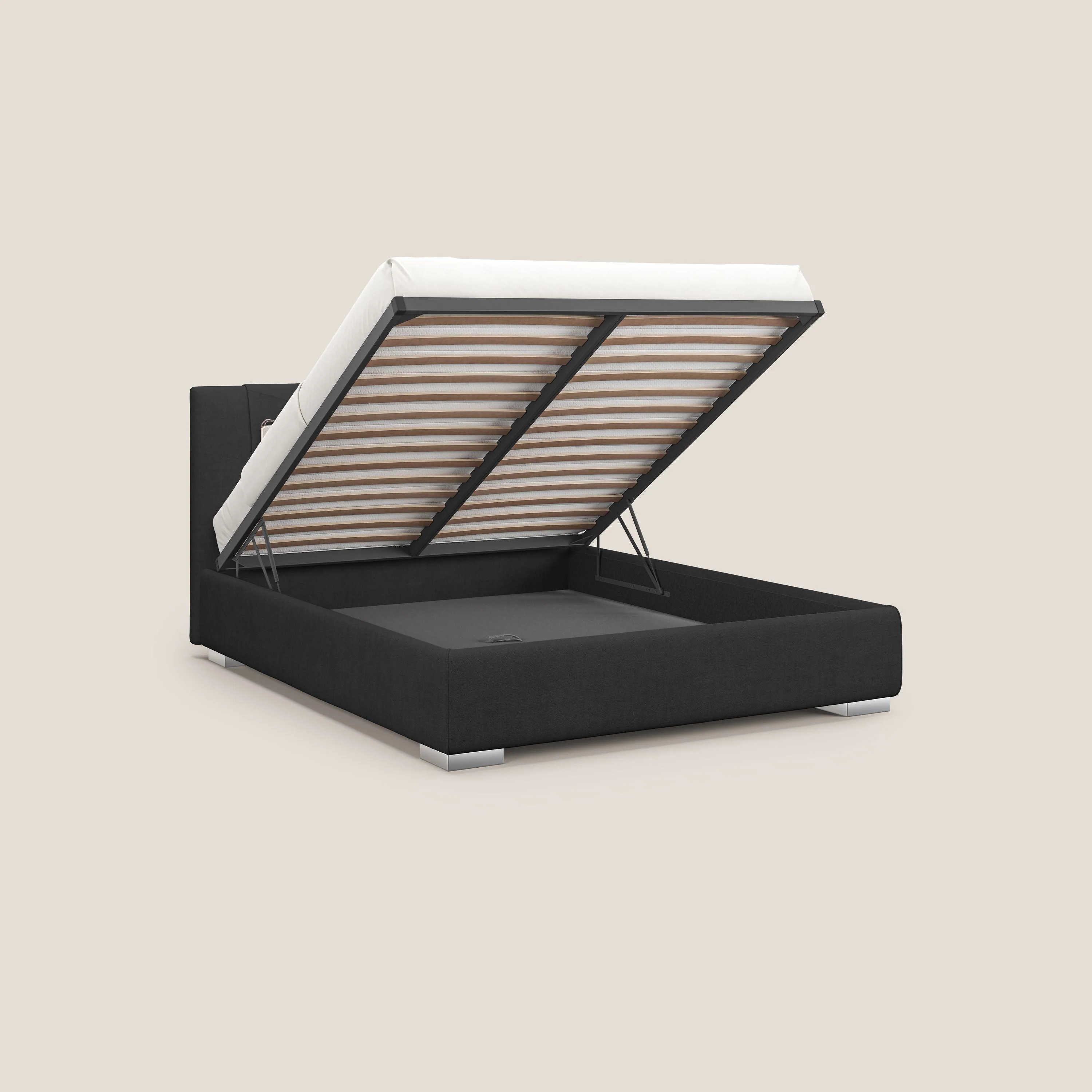Horus lit rembourré avec coffre et prise USB sur la tête de lit en tissu imperméable T02 noir - Image 2