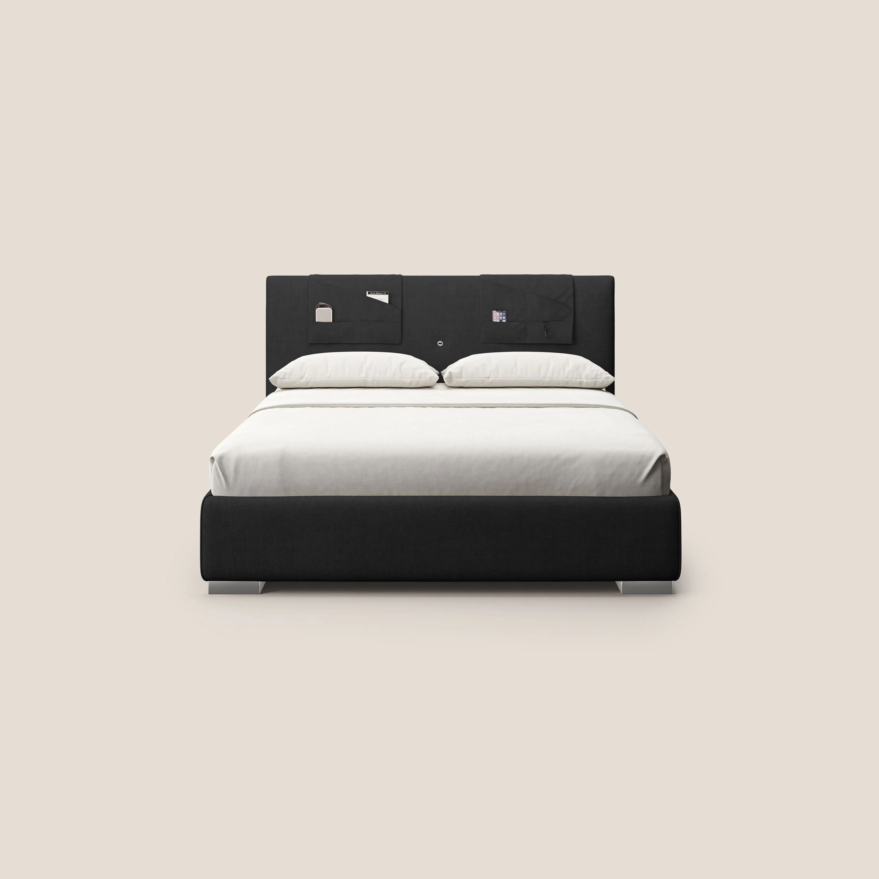 Horus lit rembourré avec coffre et prise USB sur la tête de lit en tissu imperméable T02 noir - Image 3