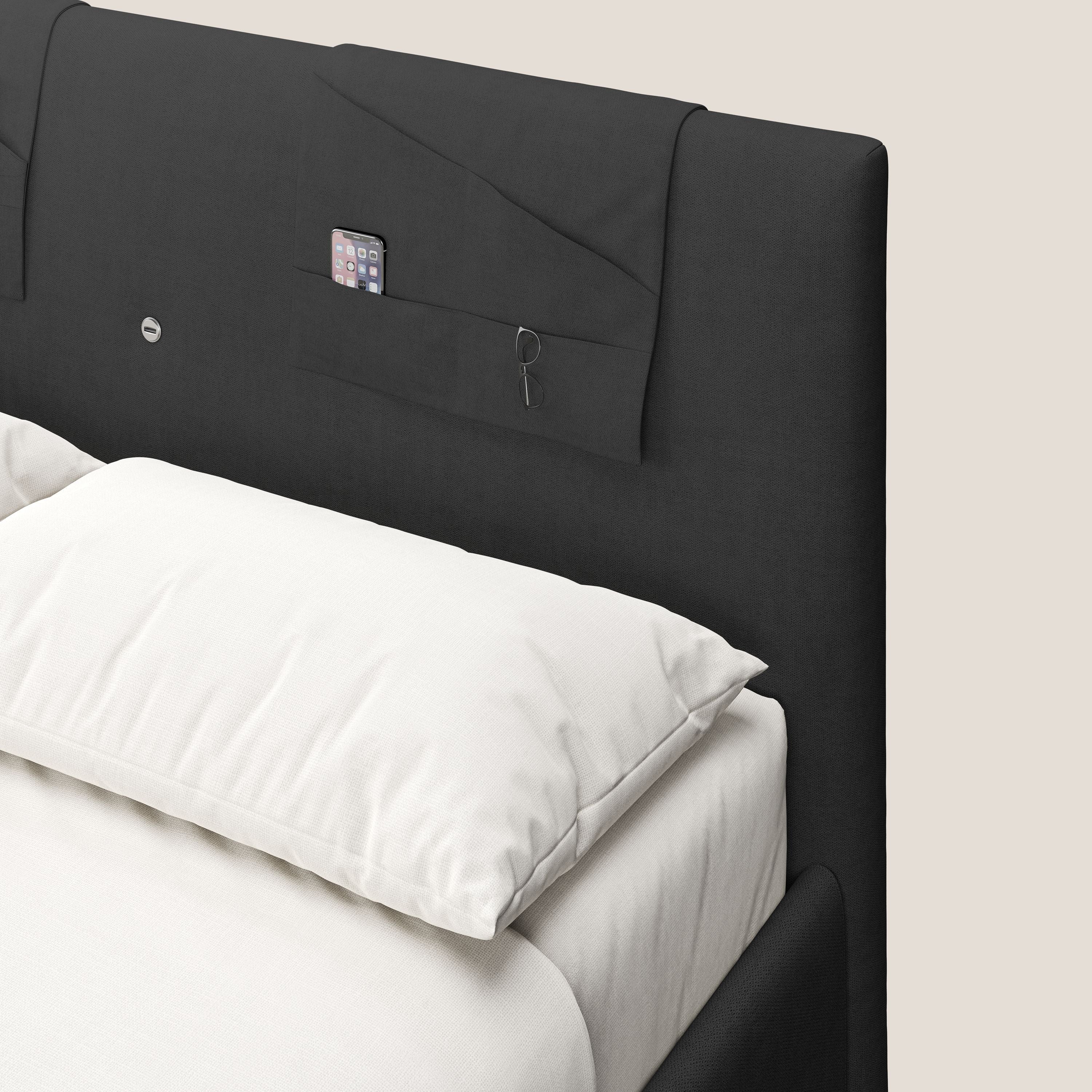 Horus lit rembourré avec coffre et prise USB sur la tête de lit en tissu imperméable T02 noir - Image 7