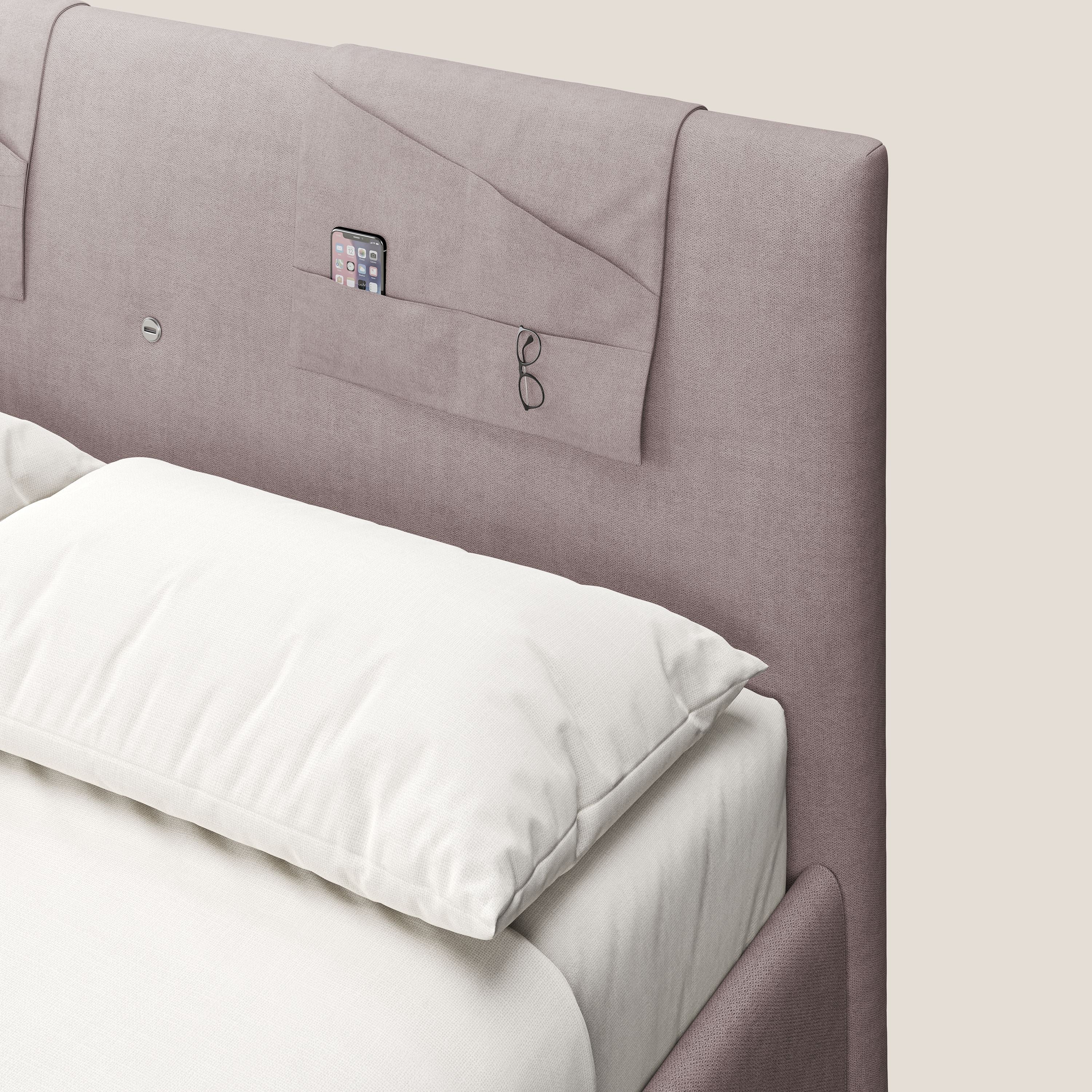 Horus lit rembourré avec coffre et prise USB sur la tête de lit en tissu imperméable T02 rose - Image 7