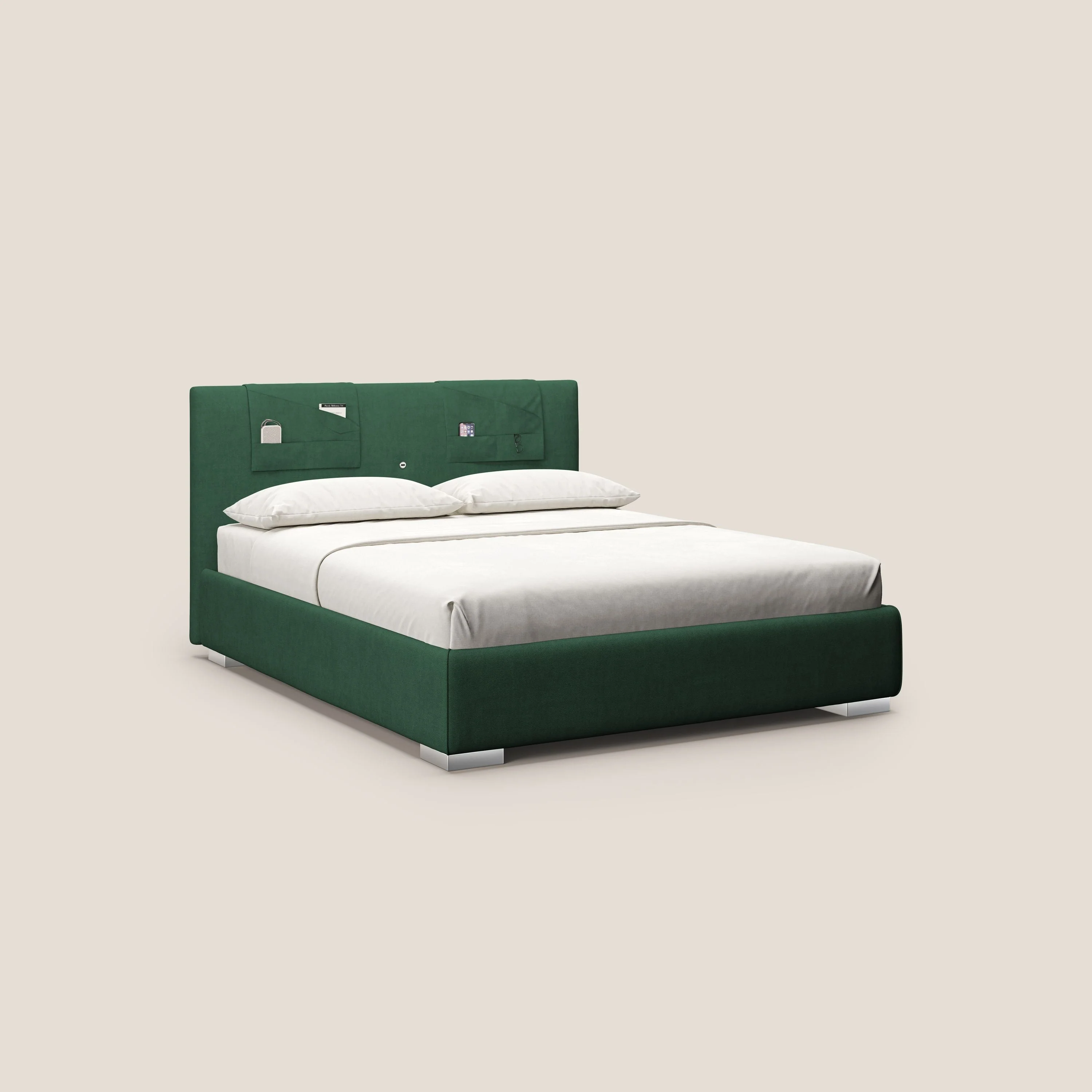 Horus lit rembourrĂ© avec coffre et prise USB sur la tĂȘte de lit en tissu impermĂ©able T02 vert