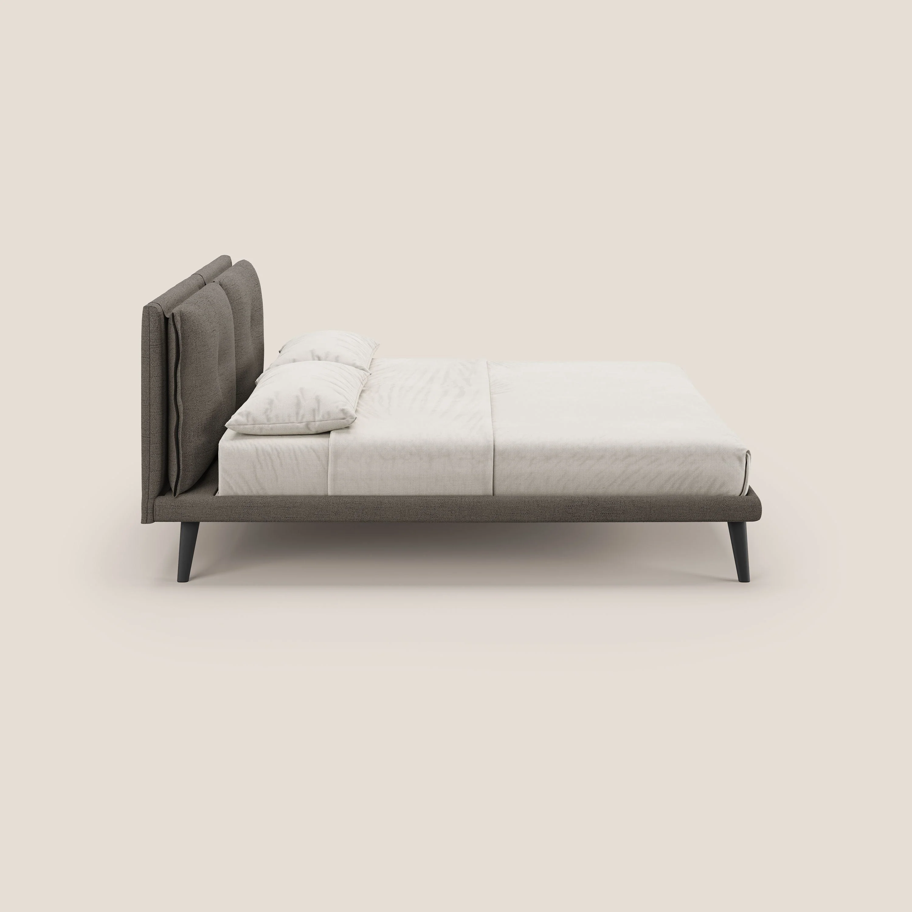 Ibuki lit avec coussins capitonnés réglables et pieds foncés en tissu flammé imperméable T03 taupe - Image 4