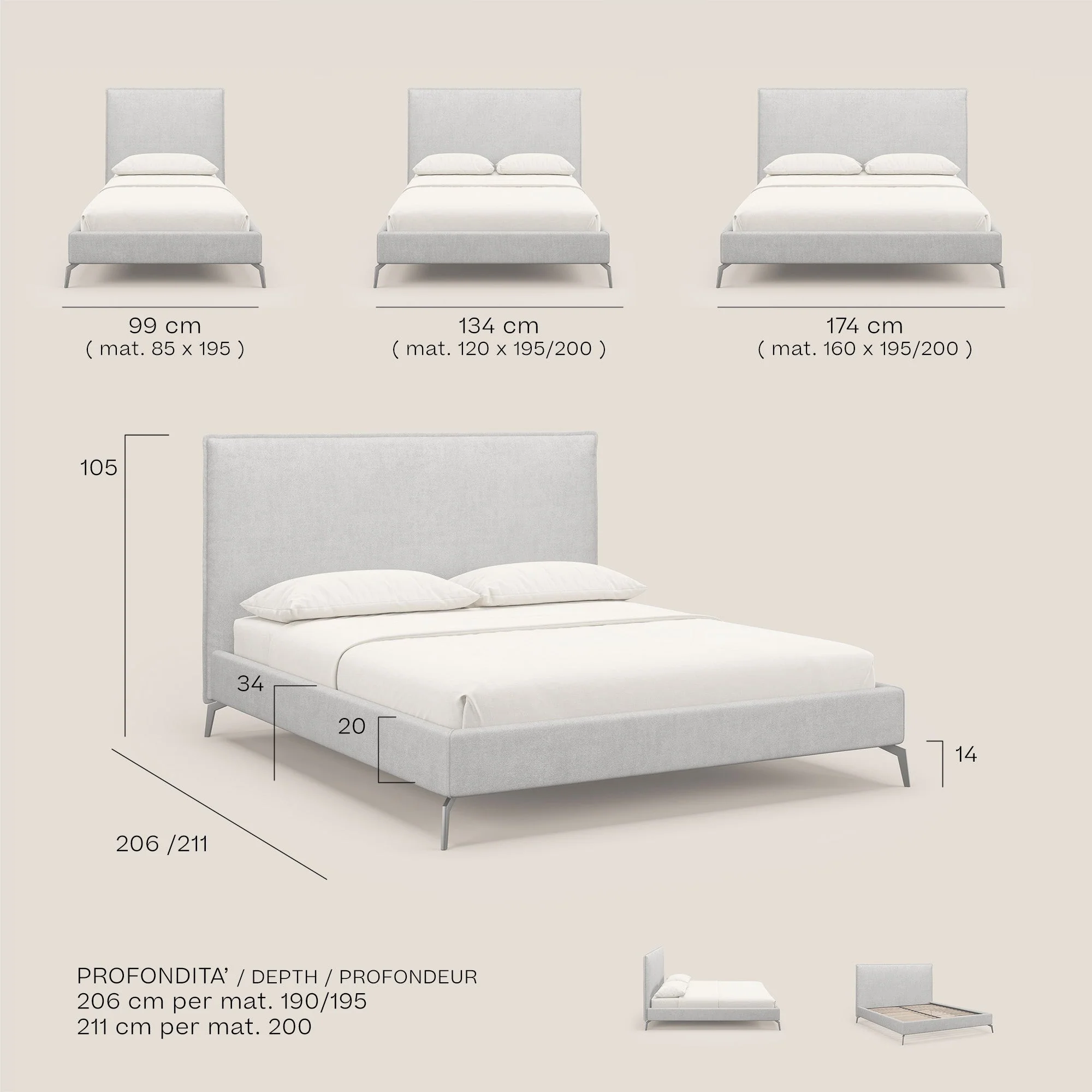 Iris lit rembourré déhoussable avec pieds noirs en tissu imperméable T02 gris clair - Image 9