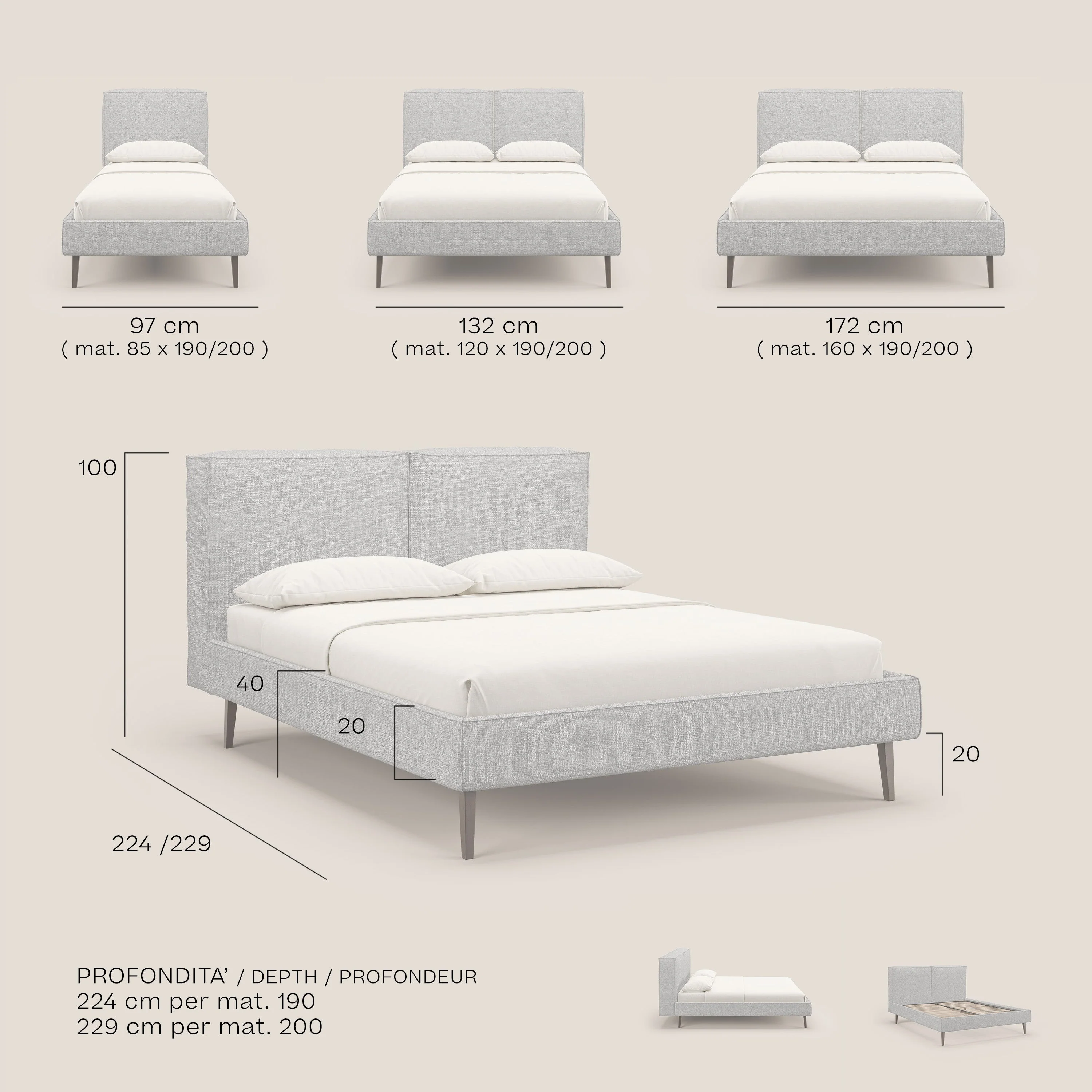 Isotta lit rembourré complètement déhoussable en tissu doux imperméable T10 vert d'eau - Image 9