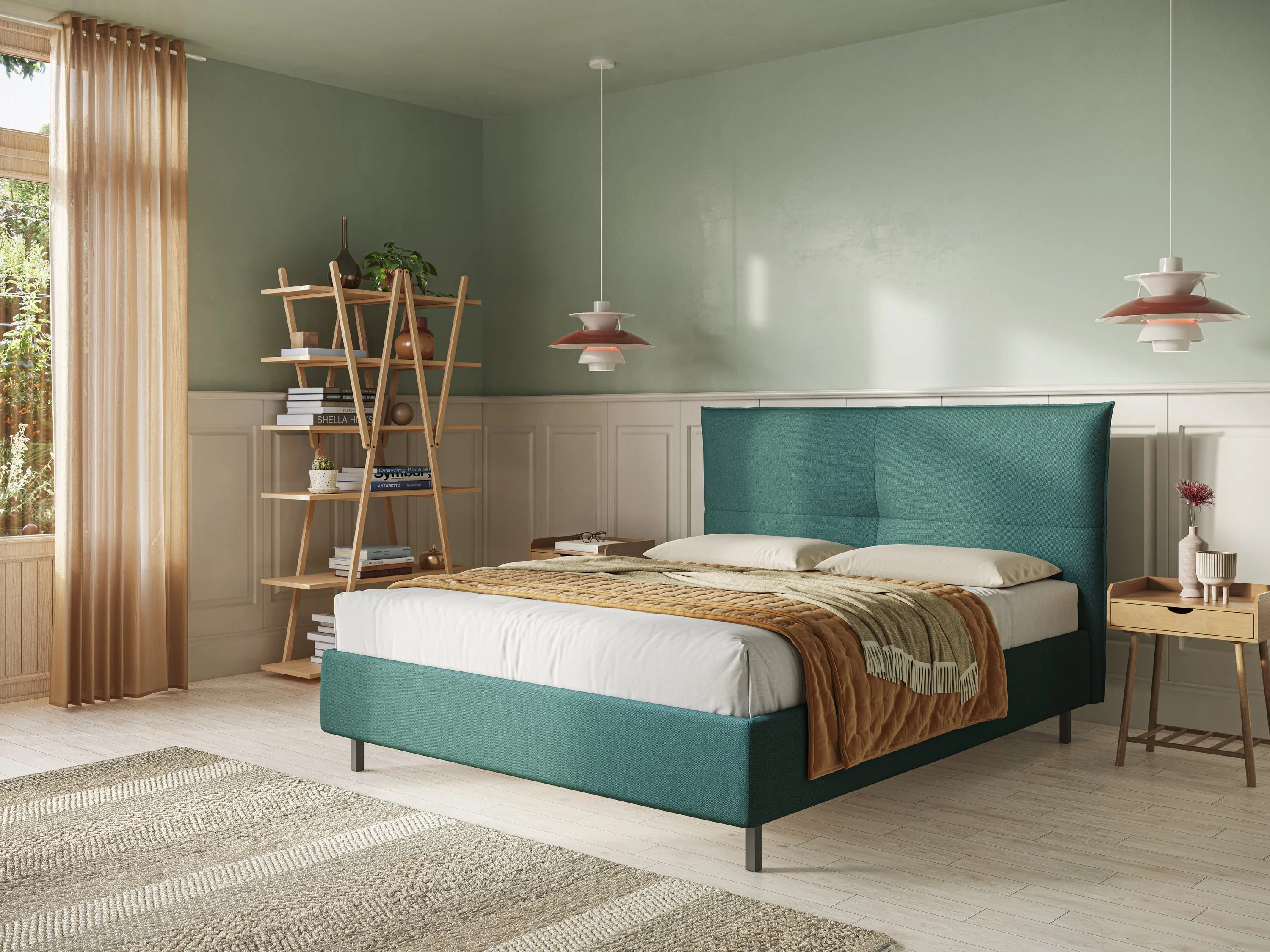 Izumi Lit rembourré avec coffre et pieds hauts en tissu détachable T05 vert - Image 2