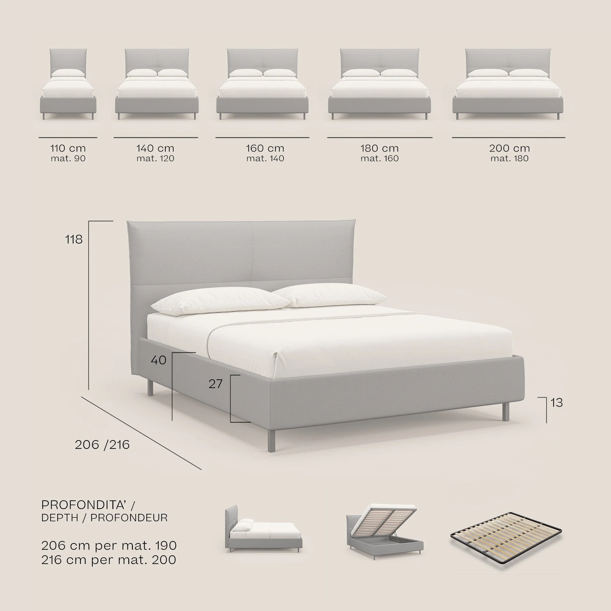 Izumi Lit rembourré avec coffre et pieds hauts en tissu détachable T05 gris - Image 9
