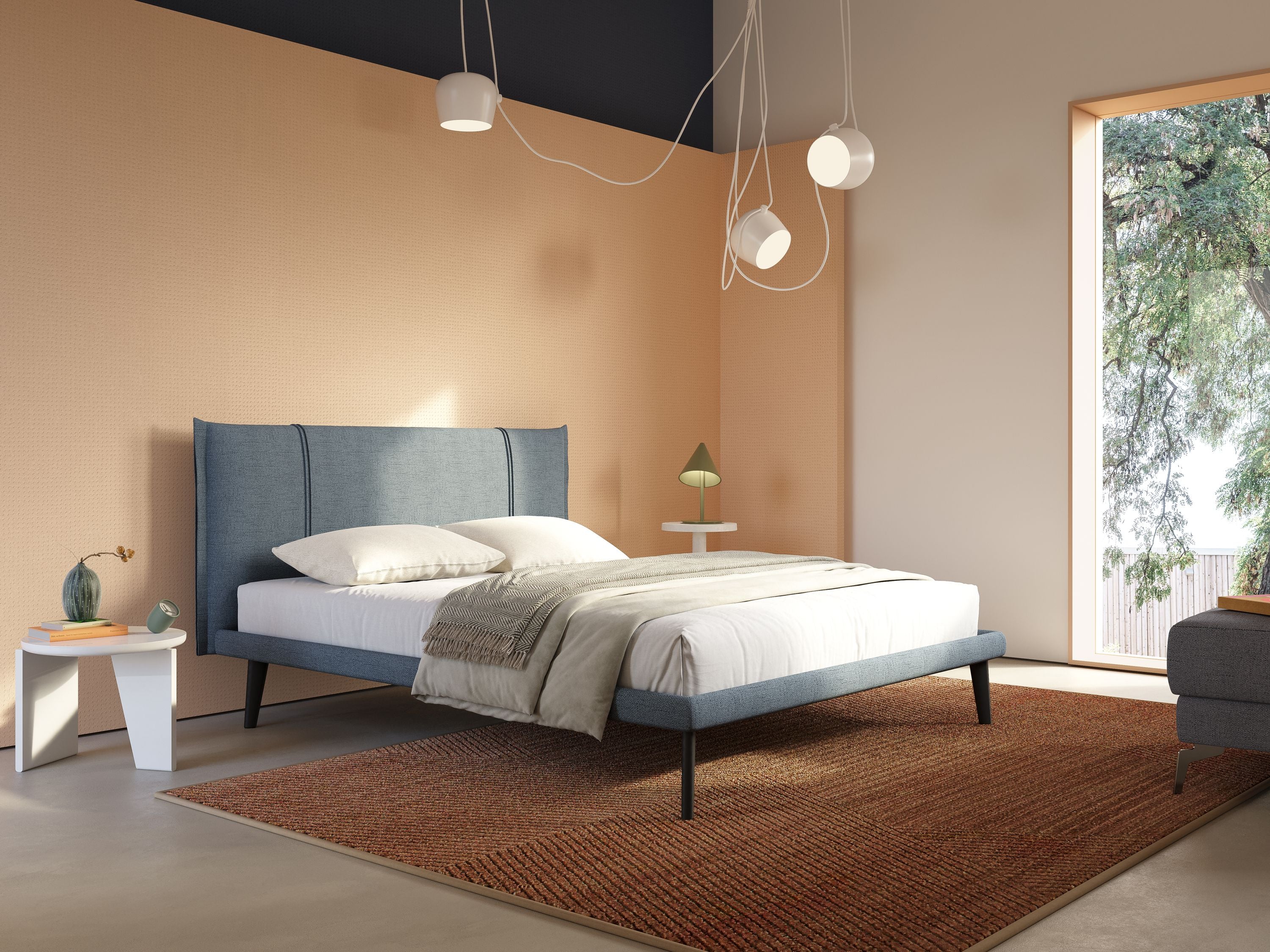 Klaus lit moderne avec pieds foncés et tissu flammé imperméable T03 bleu - Image 2