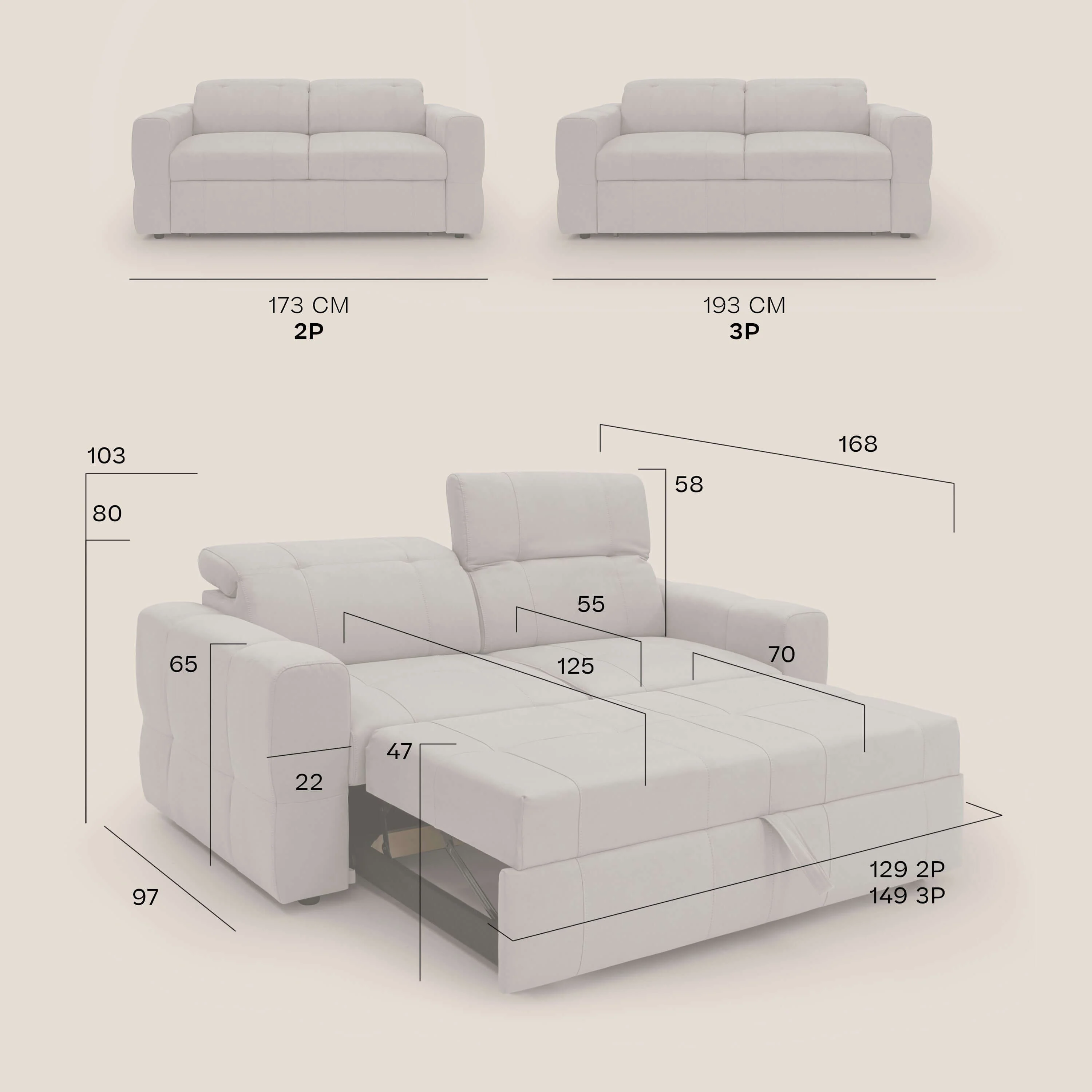 Kronos Canapé avec pouf extractible et têtières inclinalbes en microfibre douce imperméable T11 crème - Image 13