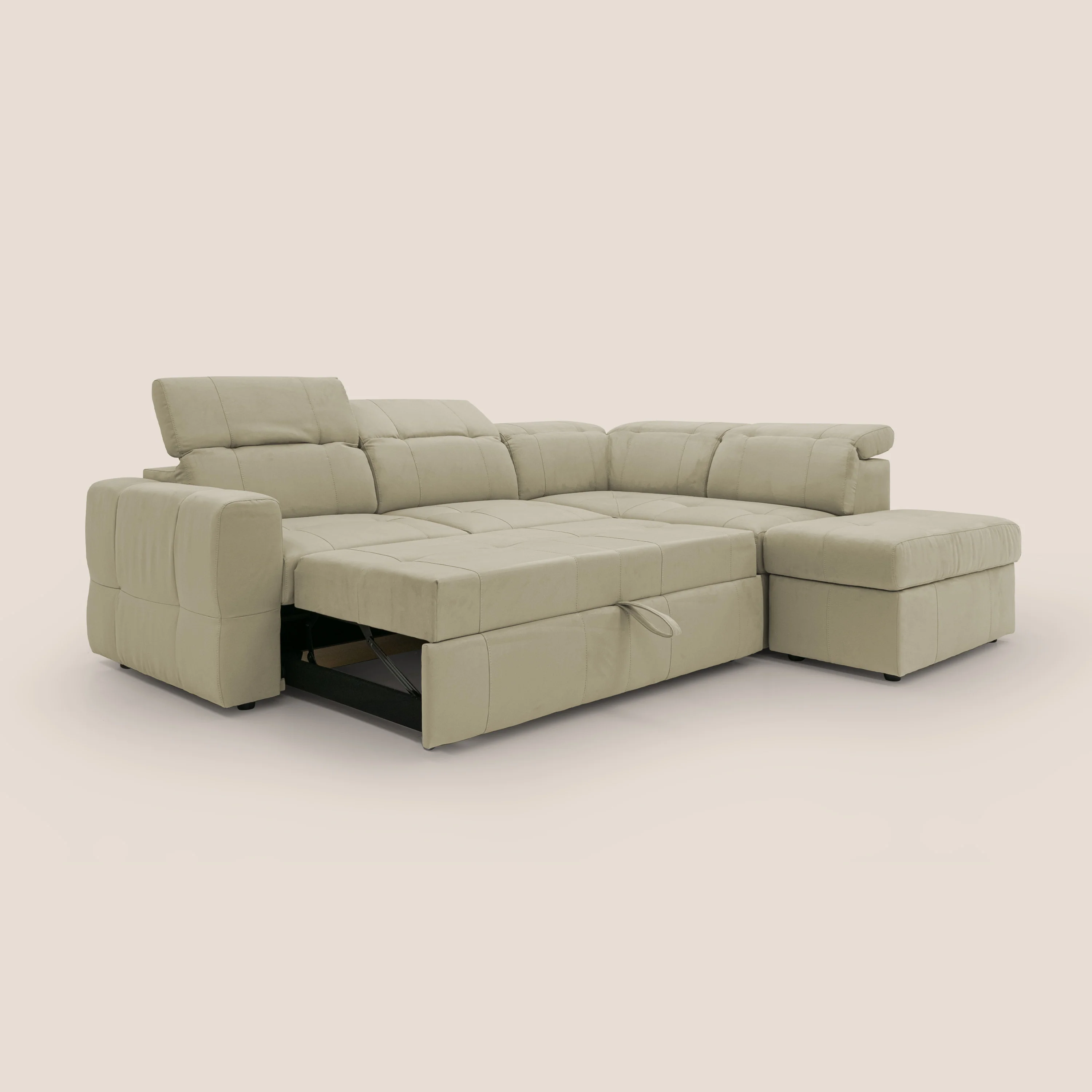 Kronos Canapé d'angle avec extractible et pouf coffre en micorfibre imperméable T11 beige - Image 12