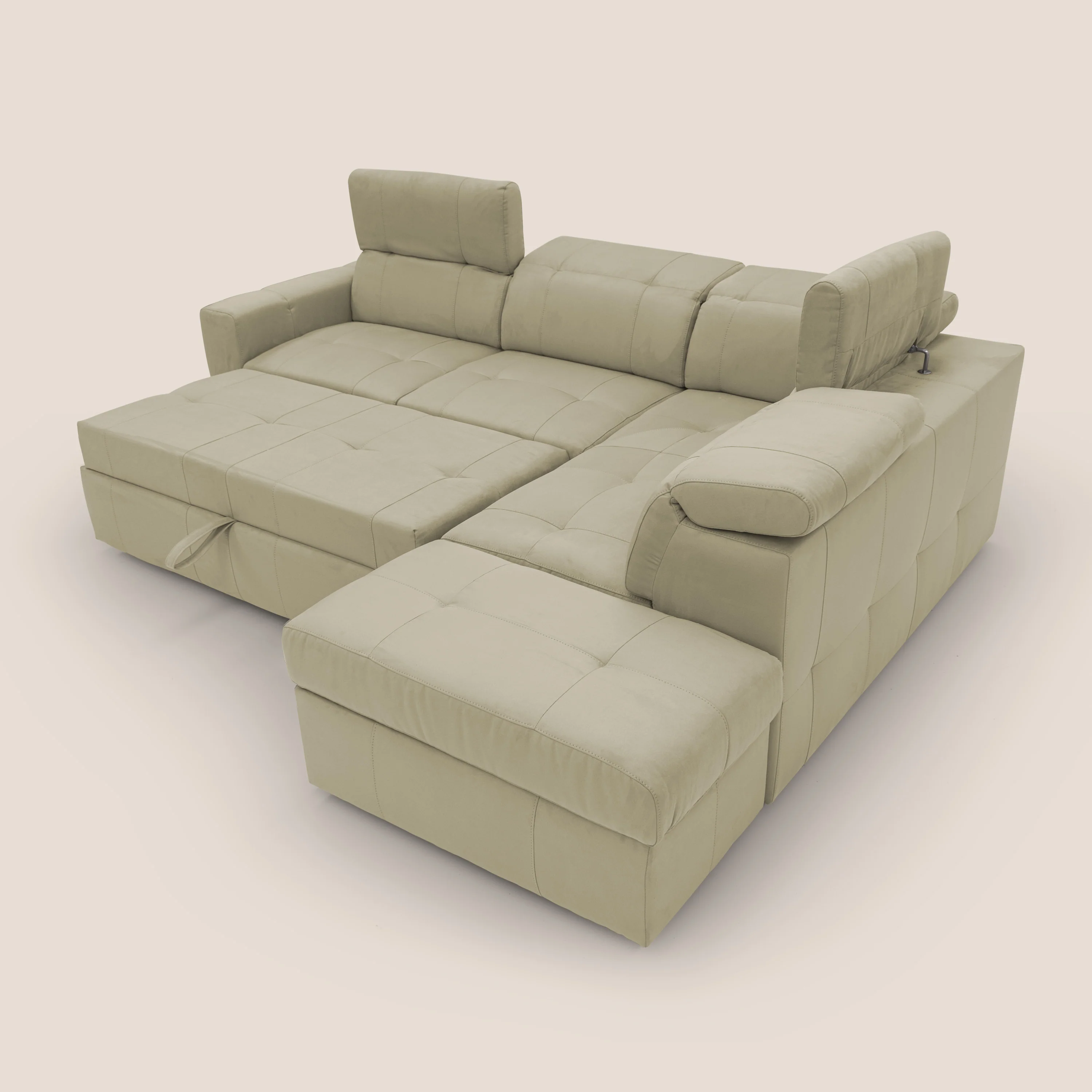 Kronos Canapé d'angle avec extractible et pouf coffre en micorfibre imperméable T11 beige - Image 13