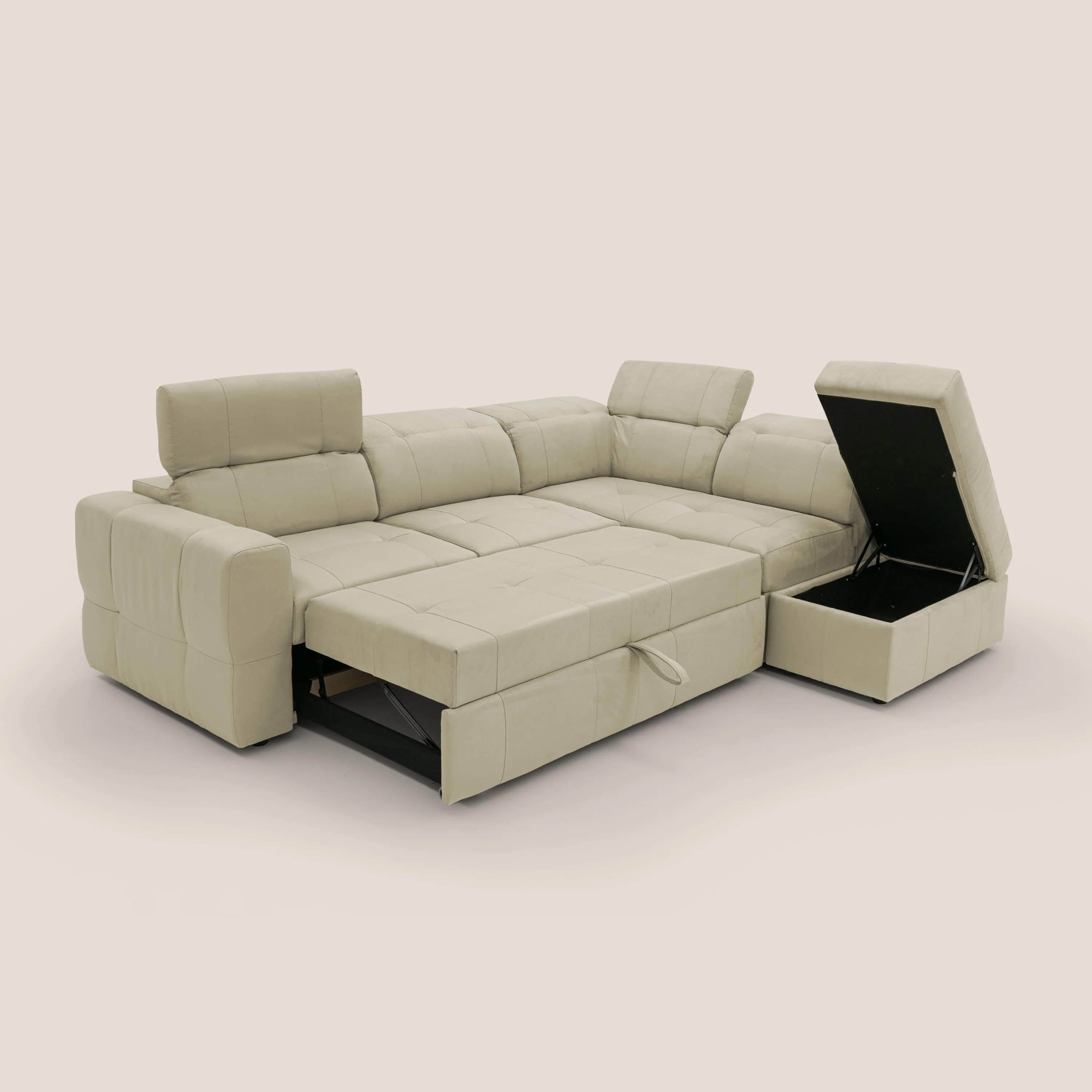 Kronos Canapé d'angle avec extractible et pouf coffre en micorfibre imperméable T11 beige - Image 2