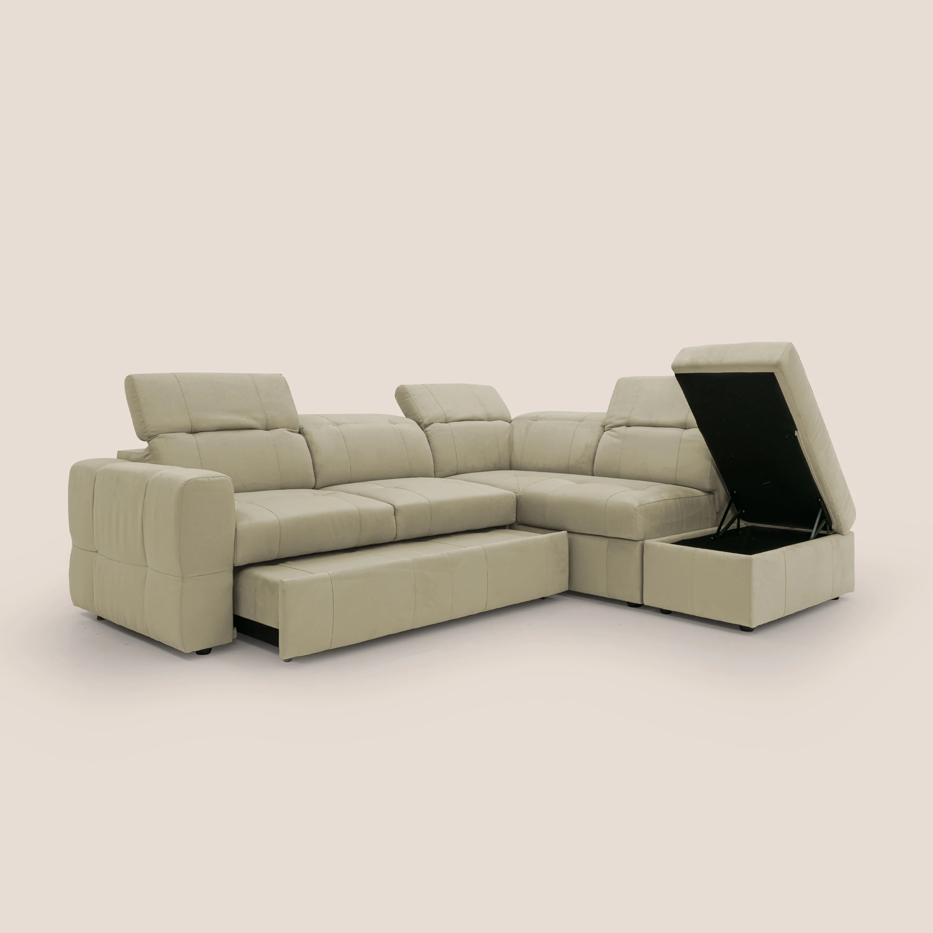 Kronos Canapé d'angle avec extractible et pouf coffre en micorfibre imperméable T11 beige - Image 7