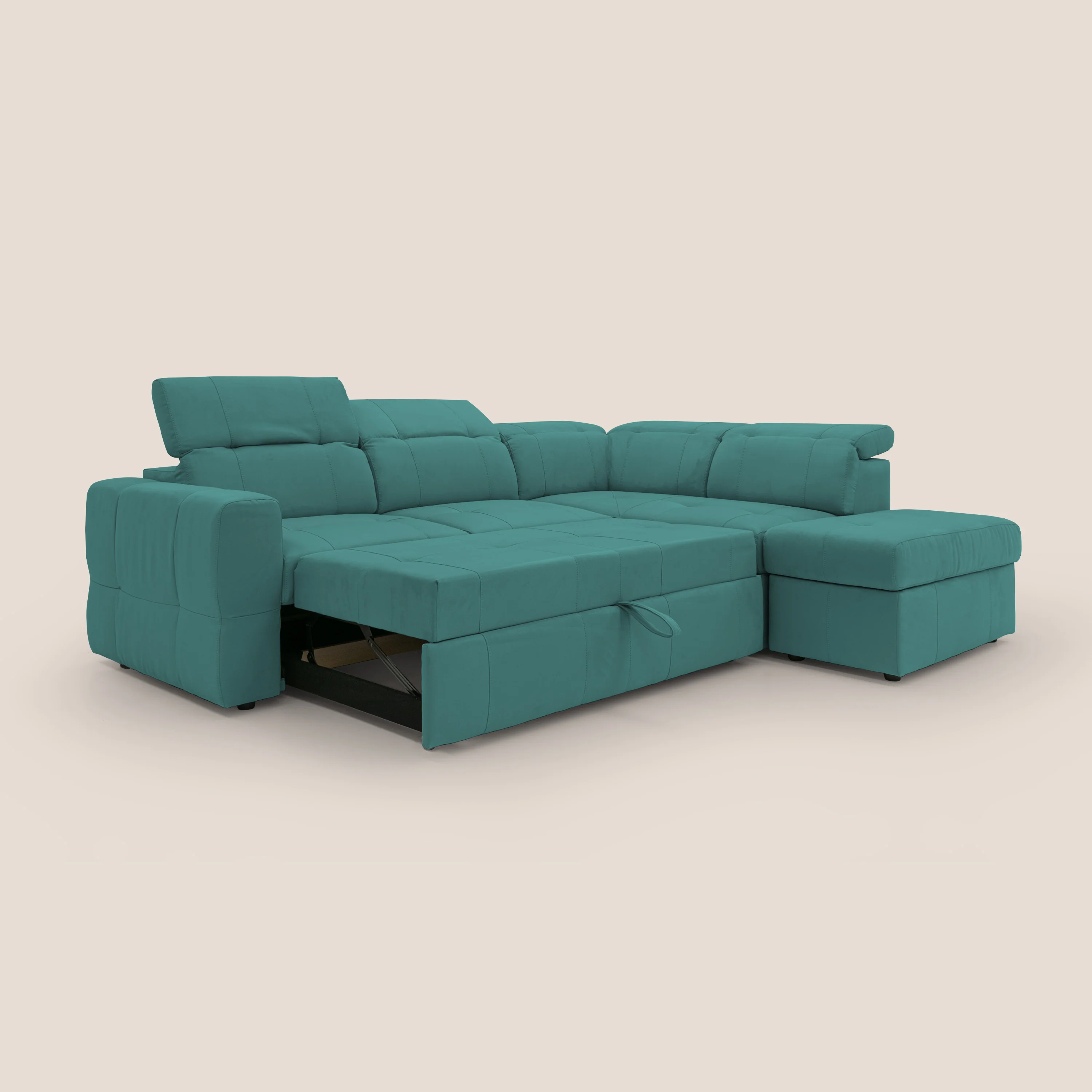 Kronos Canapé d'angle avec extractible et pouf coffre en micorfibre imperméable T11 bleu canard - Image 12