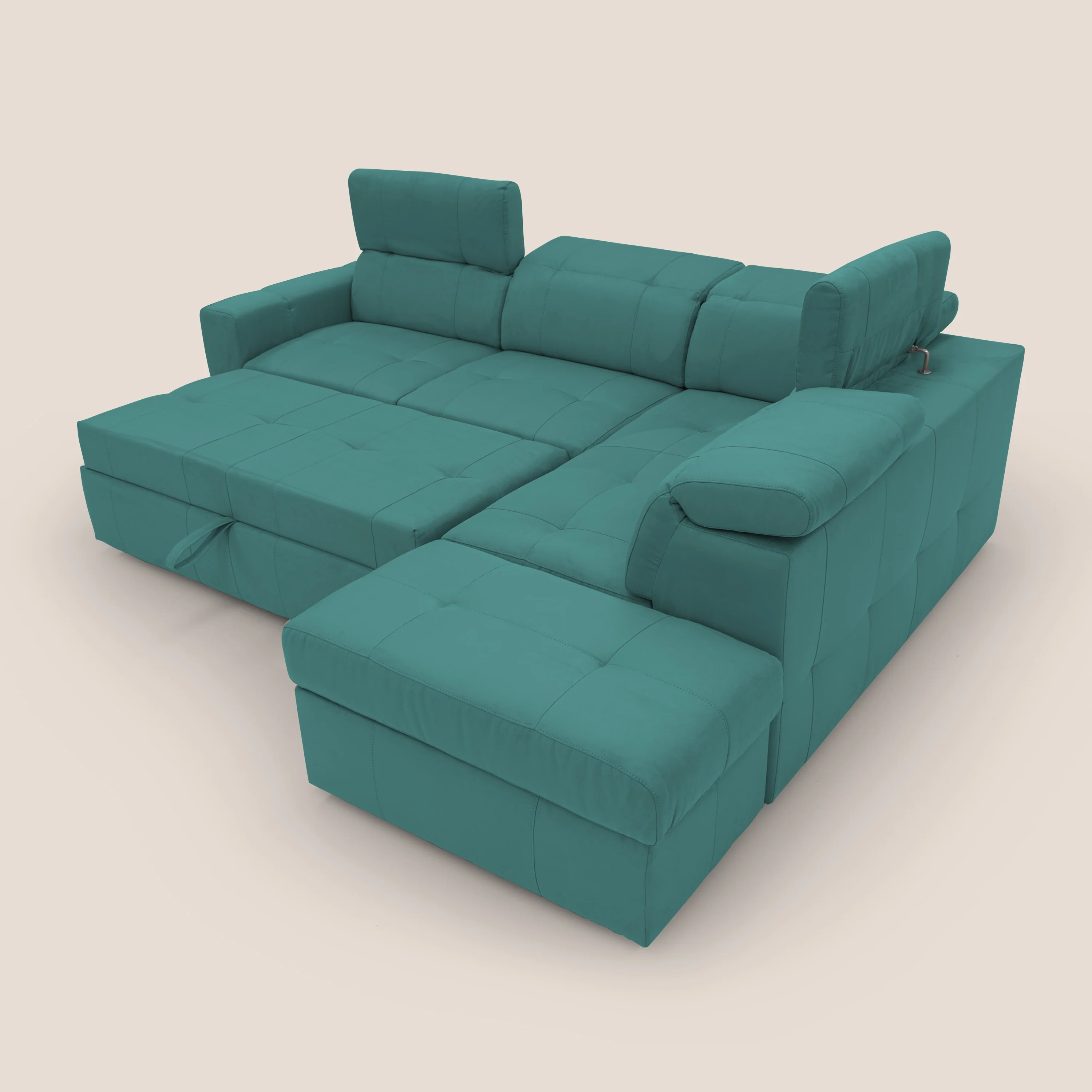 Kronos Canapé d'angle avec extractible et pouf coffre en micorfibre imperméable T11 bleu canard - Image 13