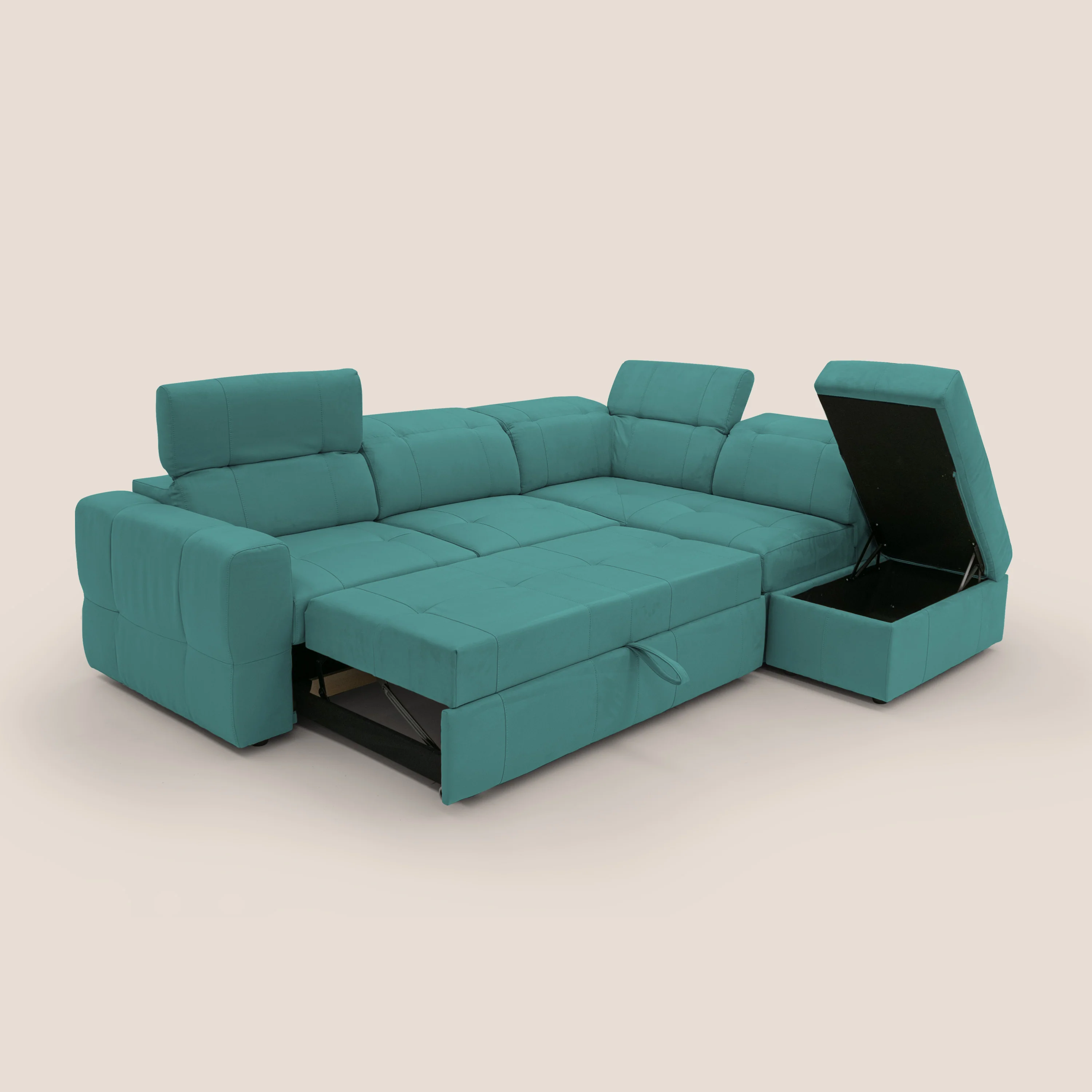 Kronos Canapé d'angle avec extractible et pouf coffre en micorfibre imperméable T11 bleu canard - Image 2