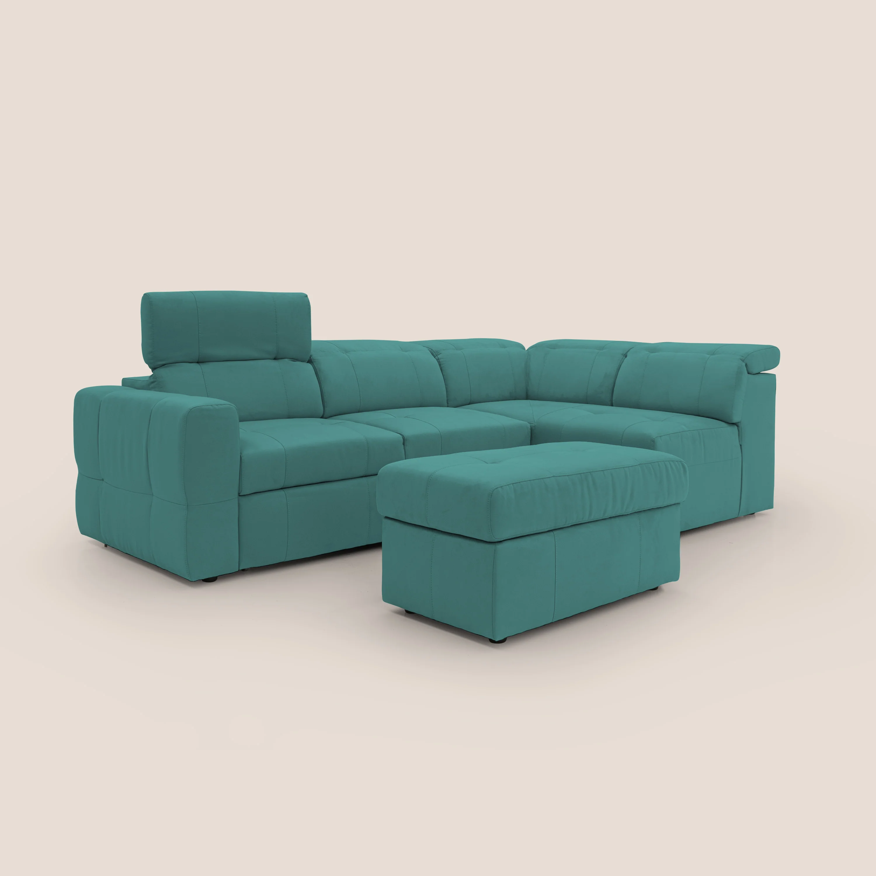 Kronos Canapé d'angle avec extractible et pouf coffre en micorfibre imperméable T11 bleu canard - Image 3