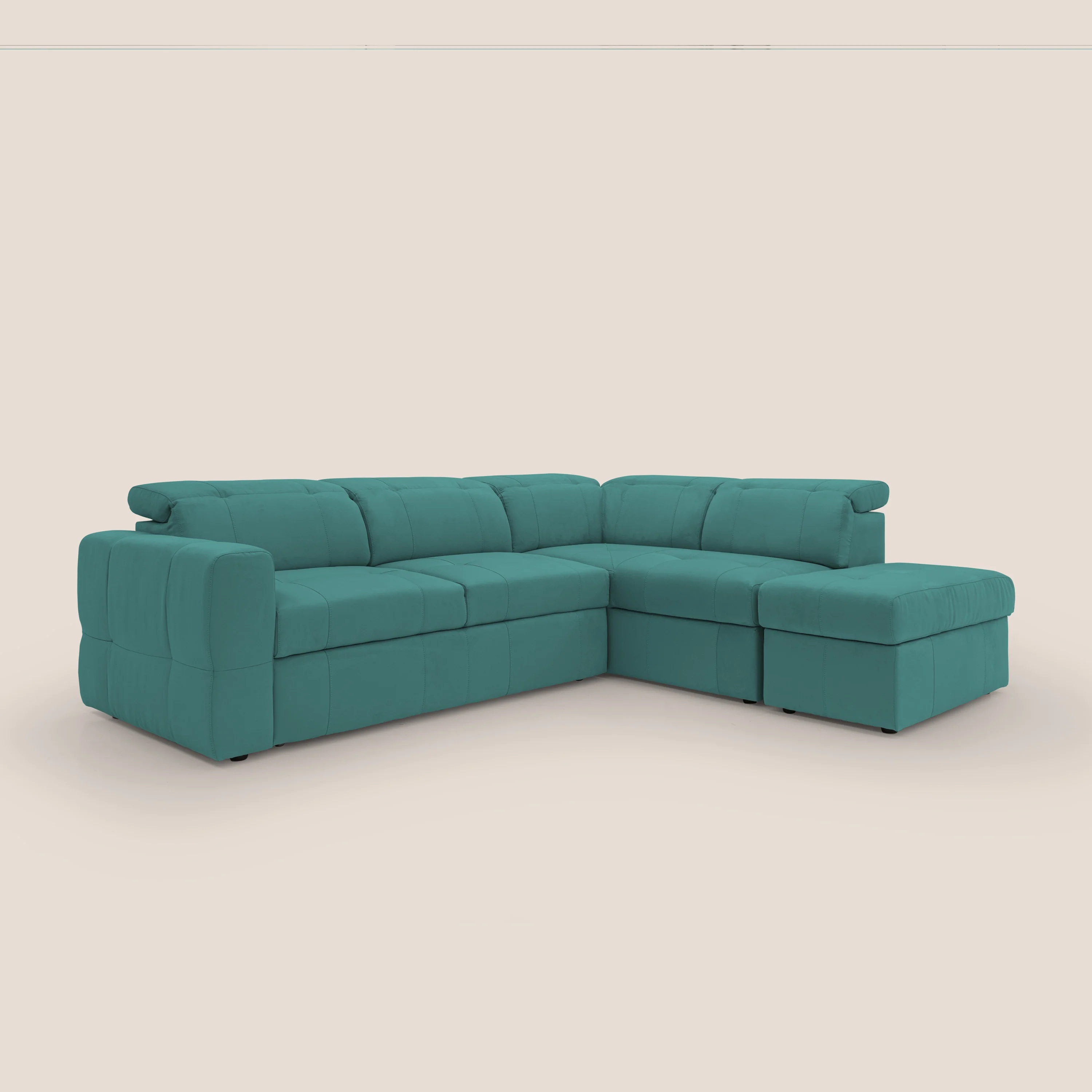 Kronos Canapé d'angle avec extractible et pouf coffre en micorfibre imperméable T11 bleu canard - Image 4