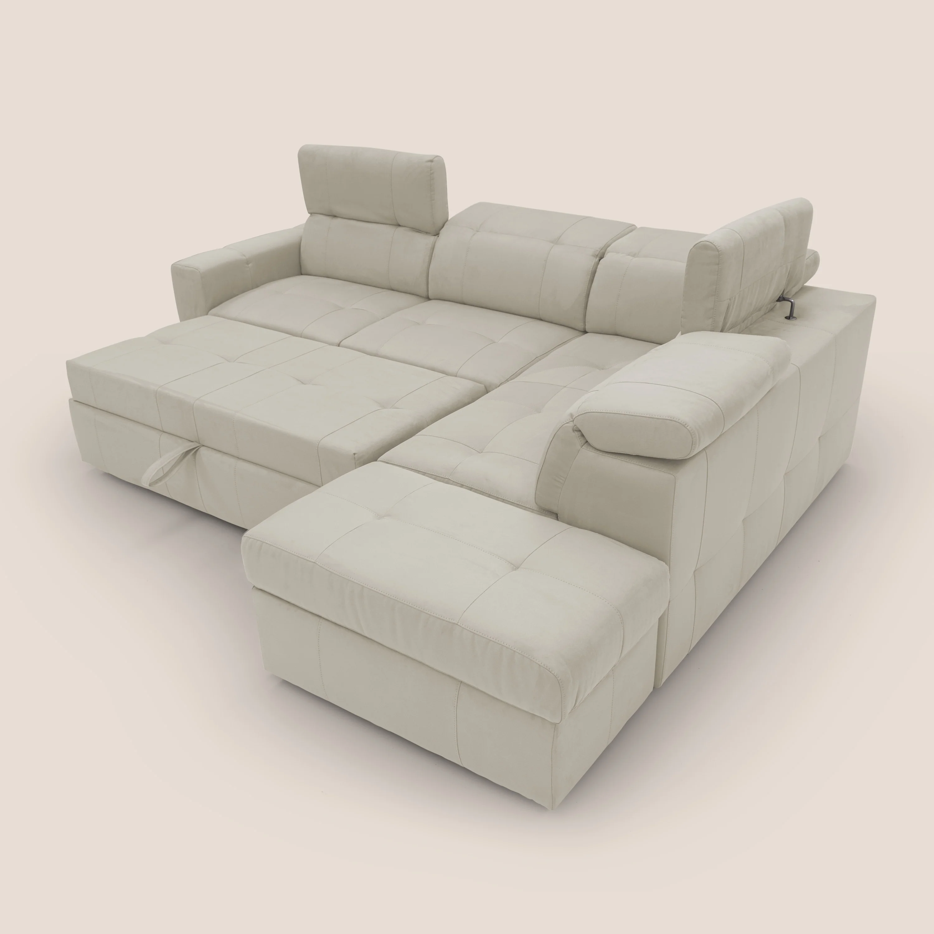 Kronos Canapé d'angle avec extractible et pouf coffre en micorfibre imperméable T11 crème - Image 13