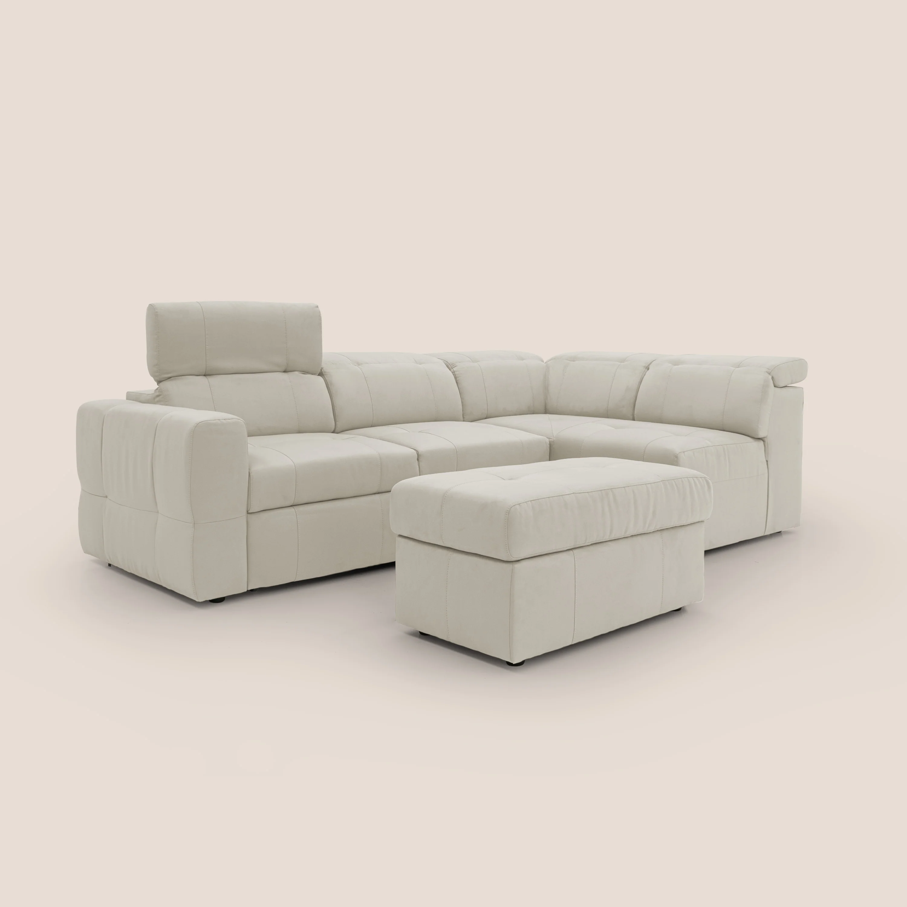 Kronos Canapé d'angle avec extractible et pouf coffre en micorfibre imperméable T11 crème - Image 3