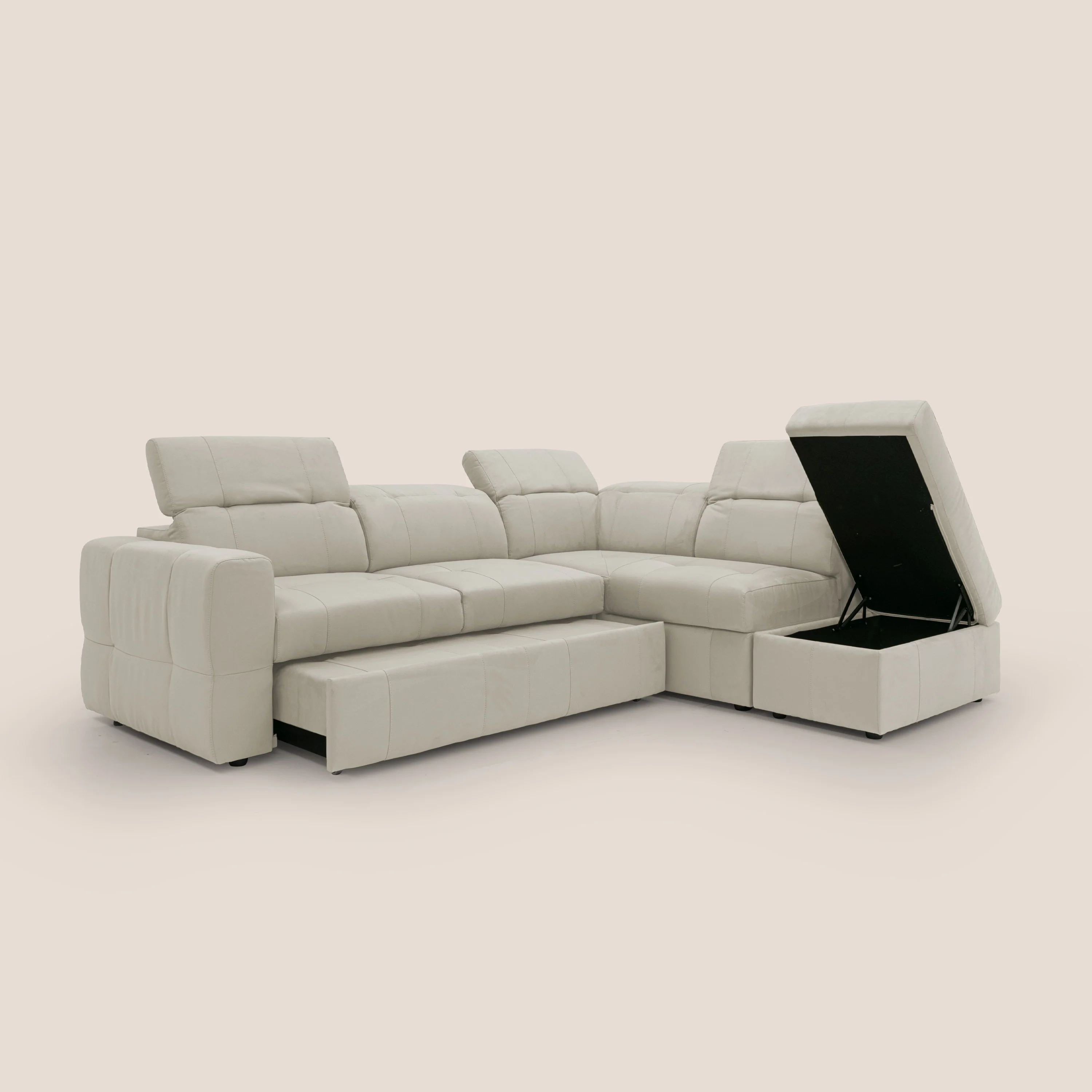 Kronos Canapé d'angle avec extractible et pouf coffre en micorfibre imperméable T11 crème - Image 7