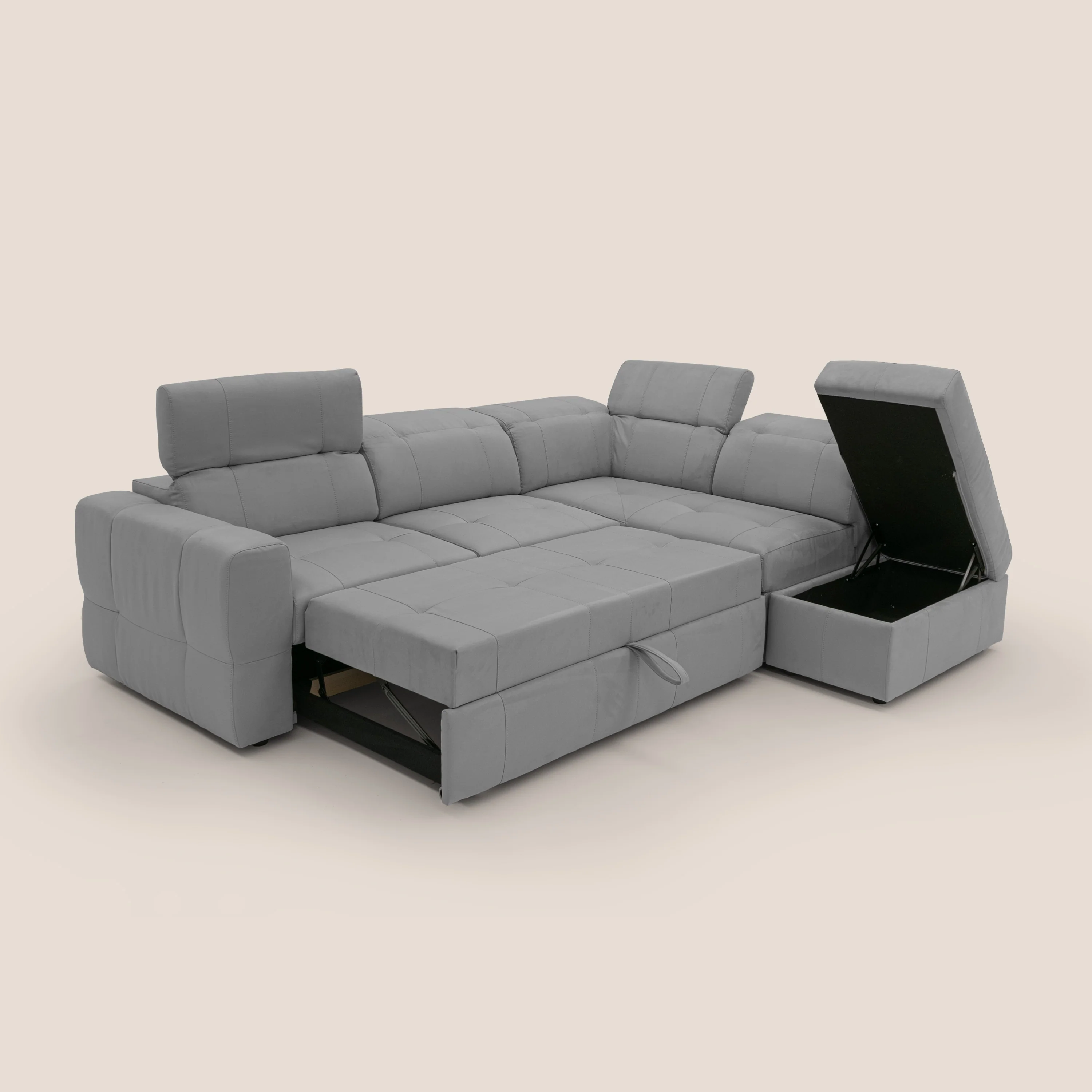 Kronos Canapé d'angle avec extractible et pouf coffre en micorfibre imperméable T11 gris - Image 2
