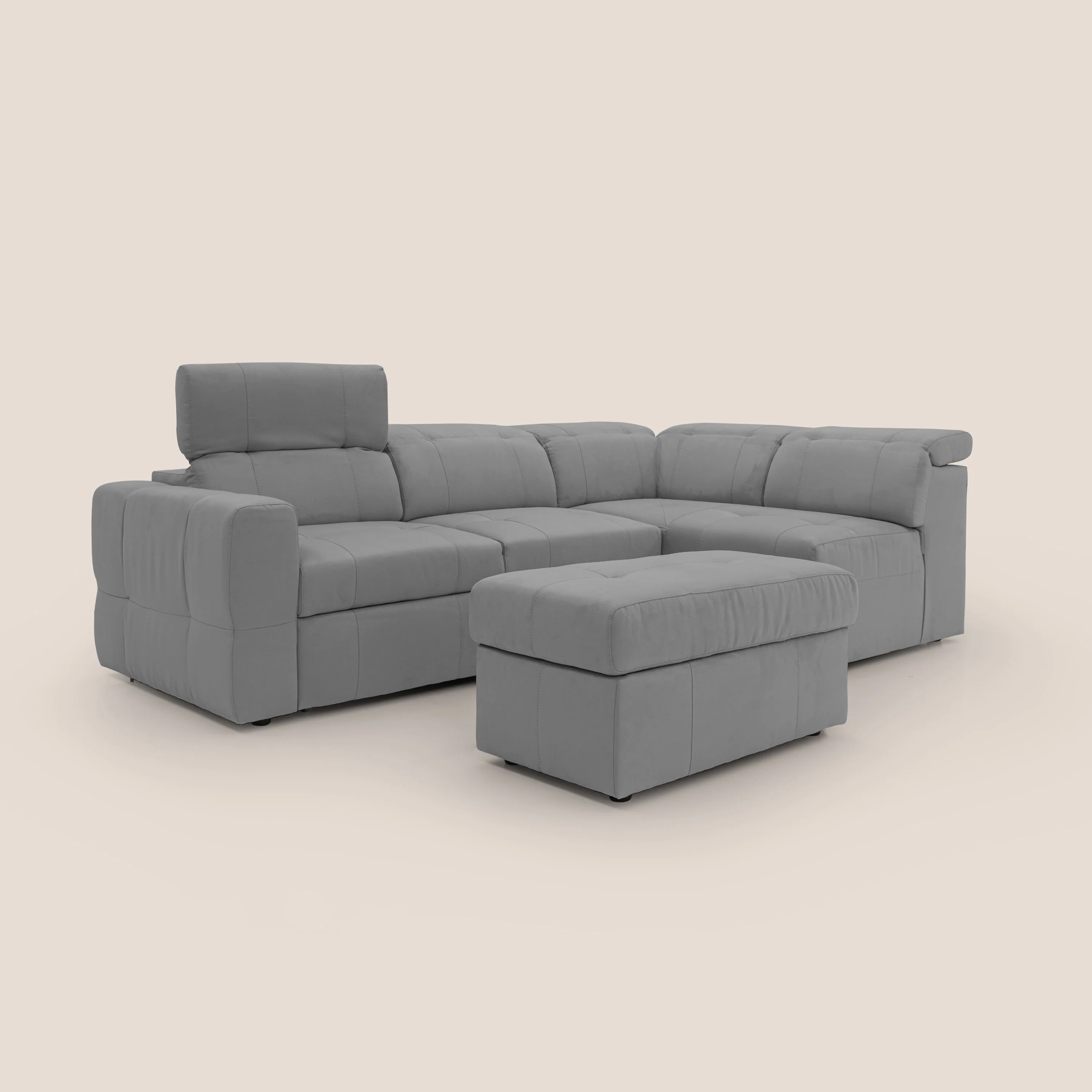 Kronos Canapé d'angle avec extractible et pouf coffre en micorfibre imperméable T11 gris - Image 3