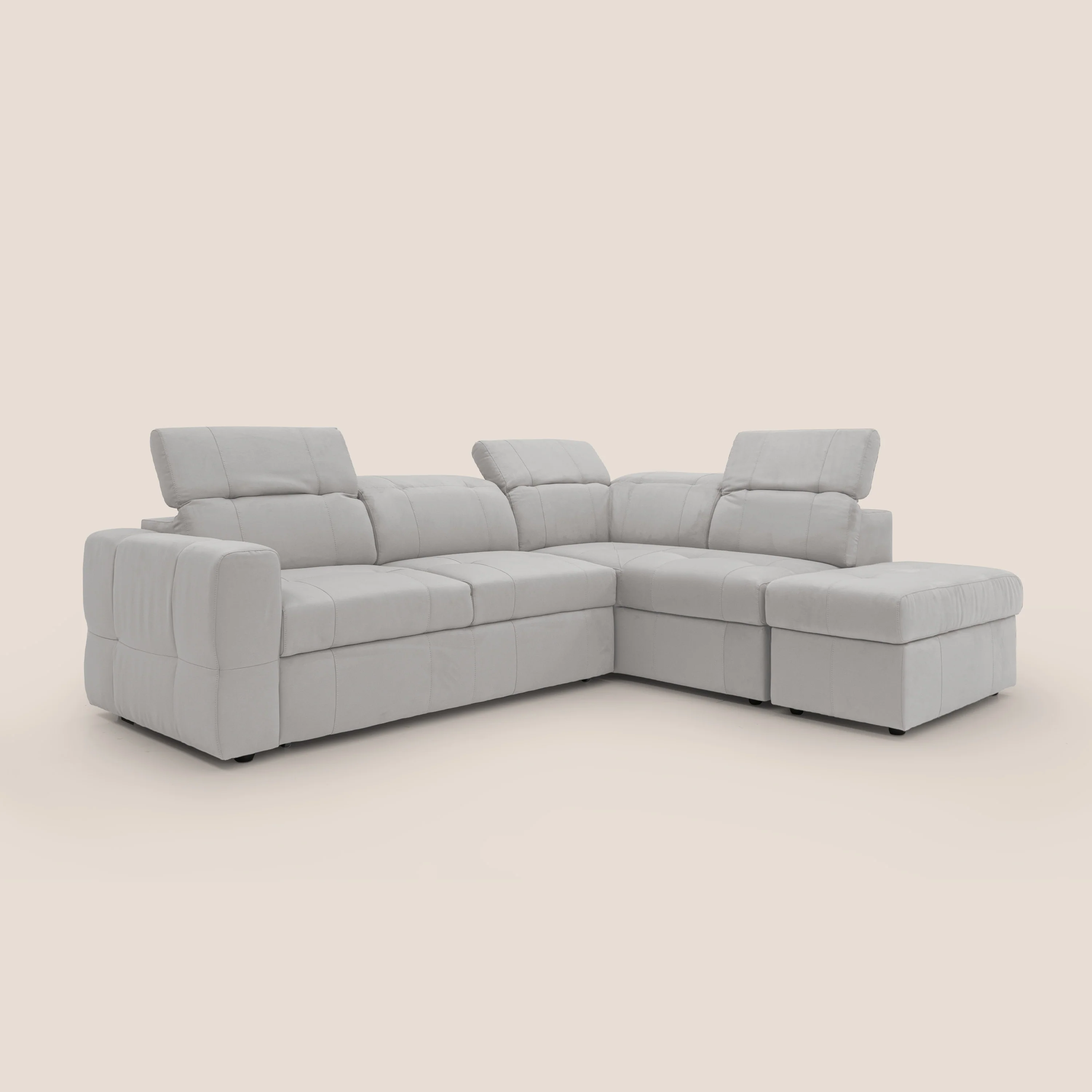 Kronos Canapé d'angle avec extractible et pouf coffre en micorfibre imperméable T11 gris clair - Image 10