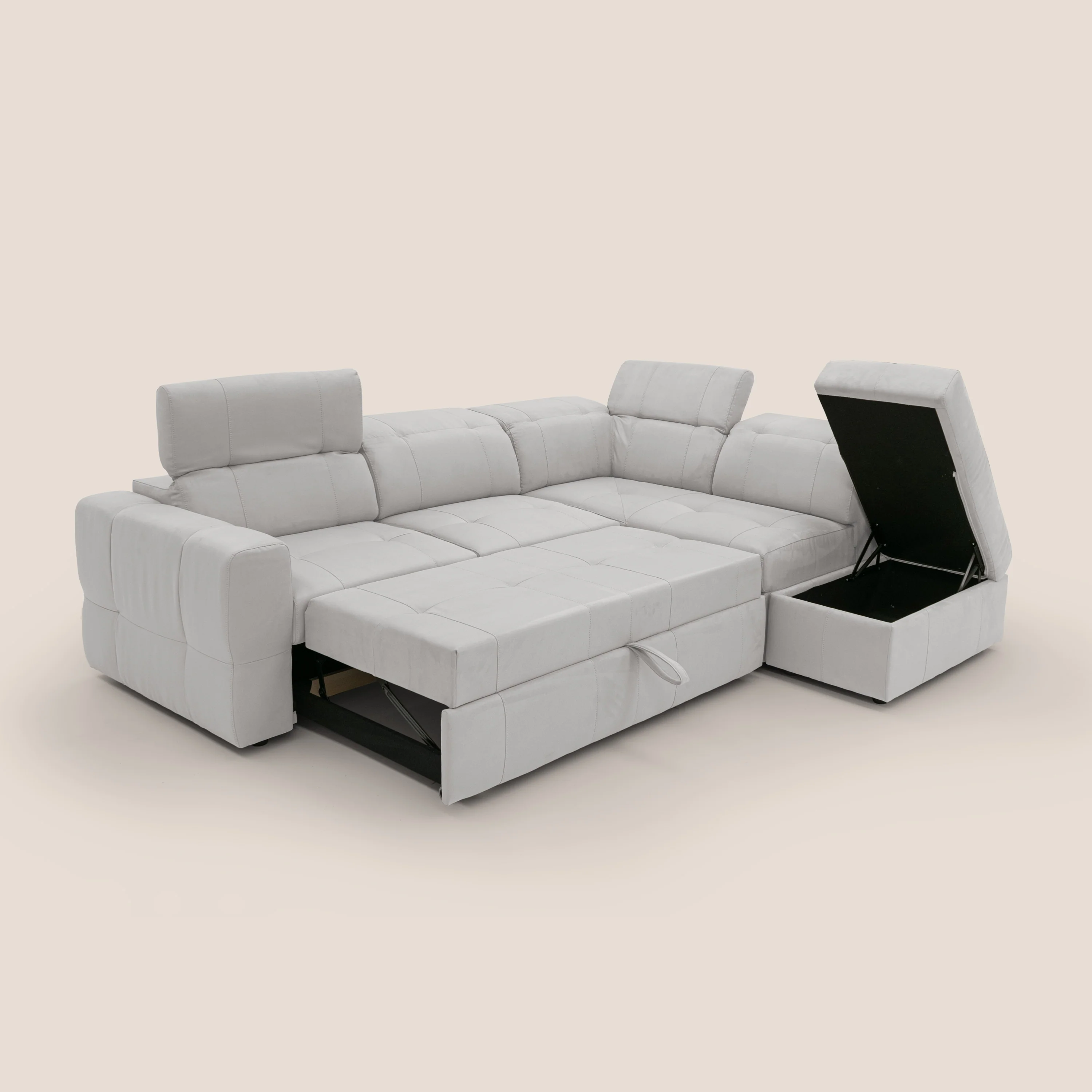 Kronos Canapé d'angle avec extractible et pouf coffre en micorfibre imperméable T11 gris clair - Image 2