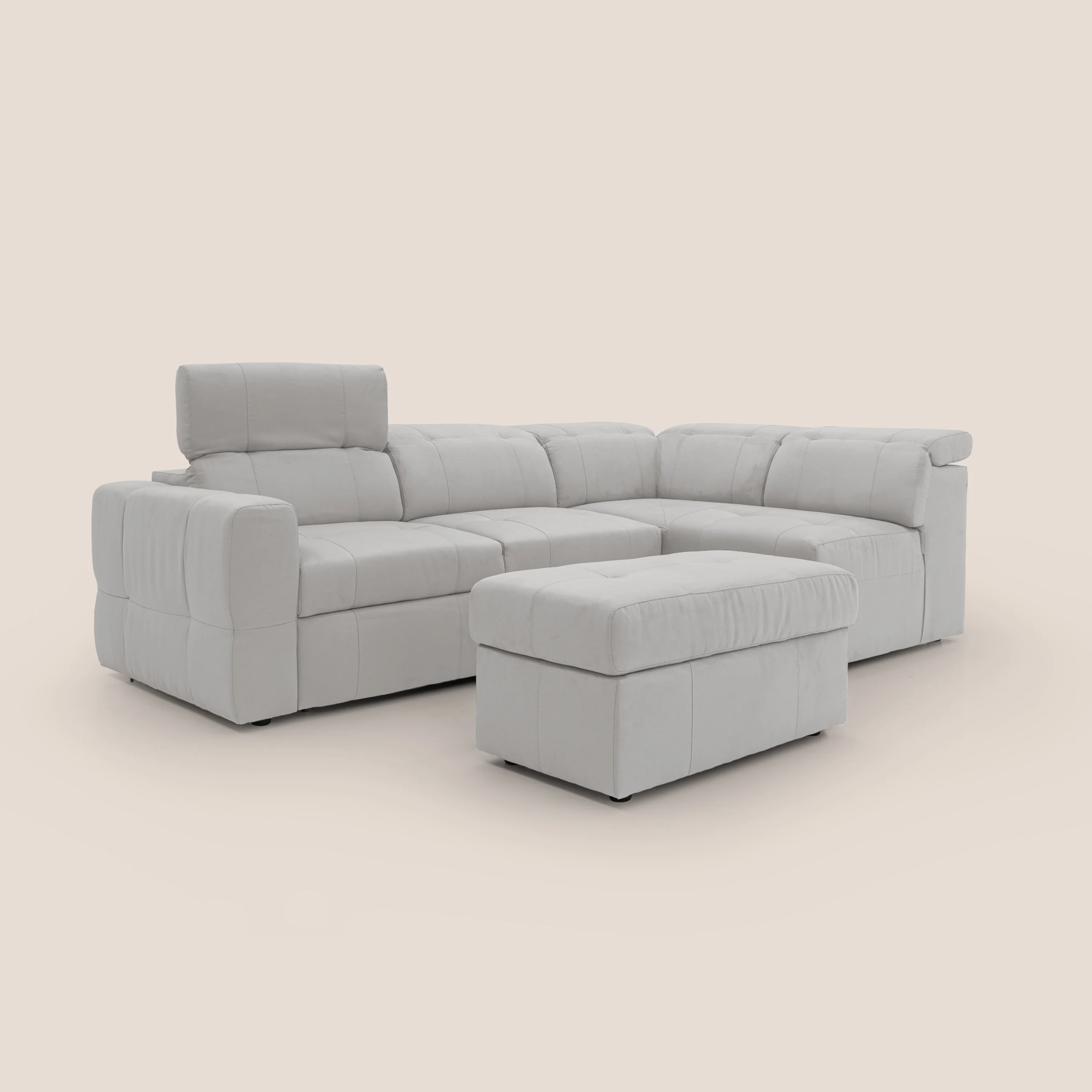 Kronos Canapé d'angle avec extractible et pouf coffre en micorfibre imperméable T11 gris clair - Image 3