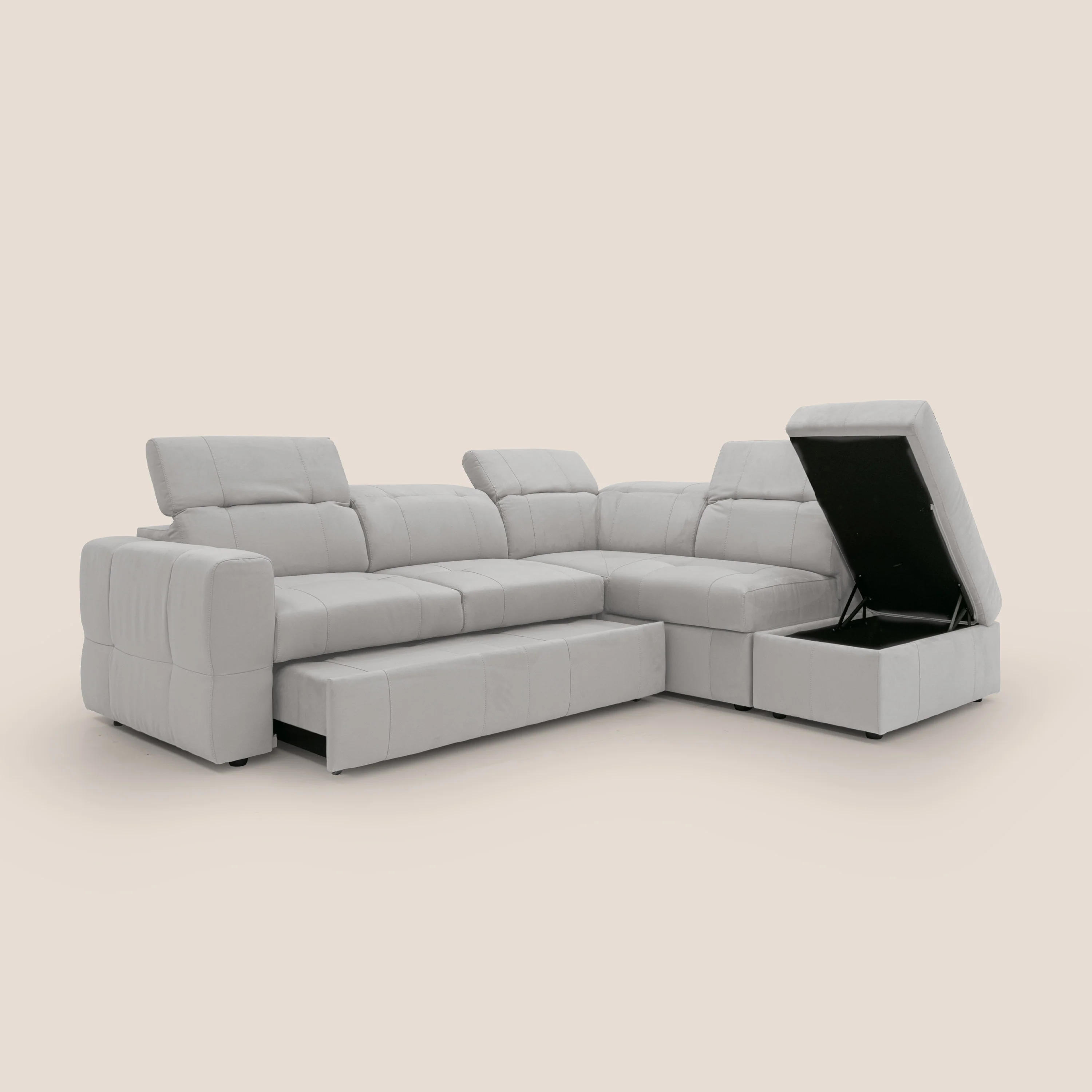 Kronos Canapé d'angle avec extractible et pouf coffre en micorfibre imperméable T11 gris clair - Image 7