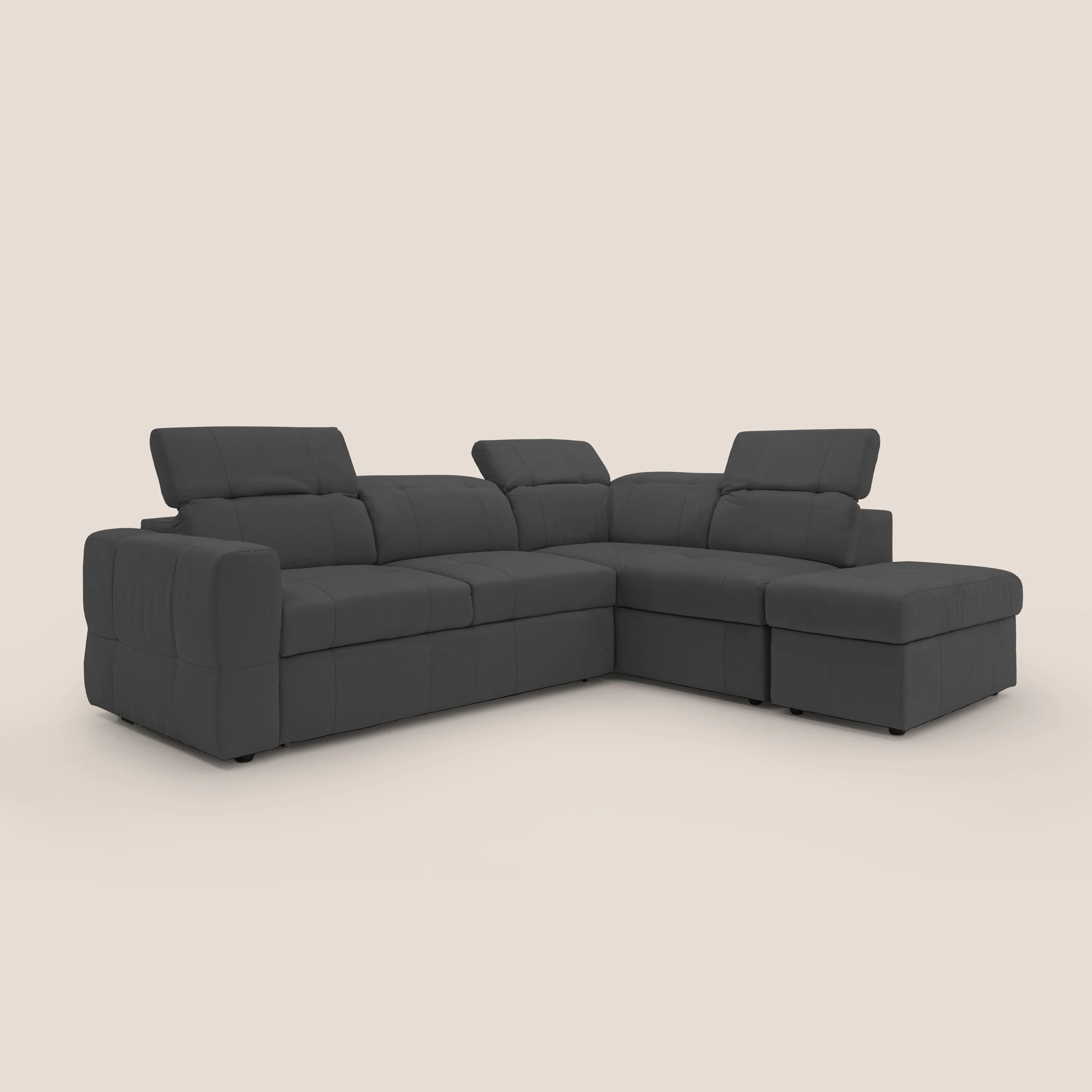 Kronos Canapé d'angle avec extractible et pouf coffre en micorfibre imperméable T11 noir - Image 10