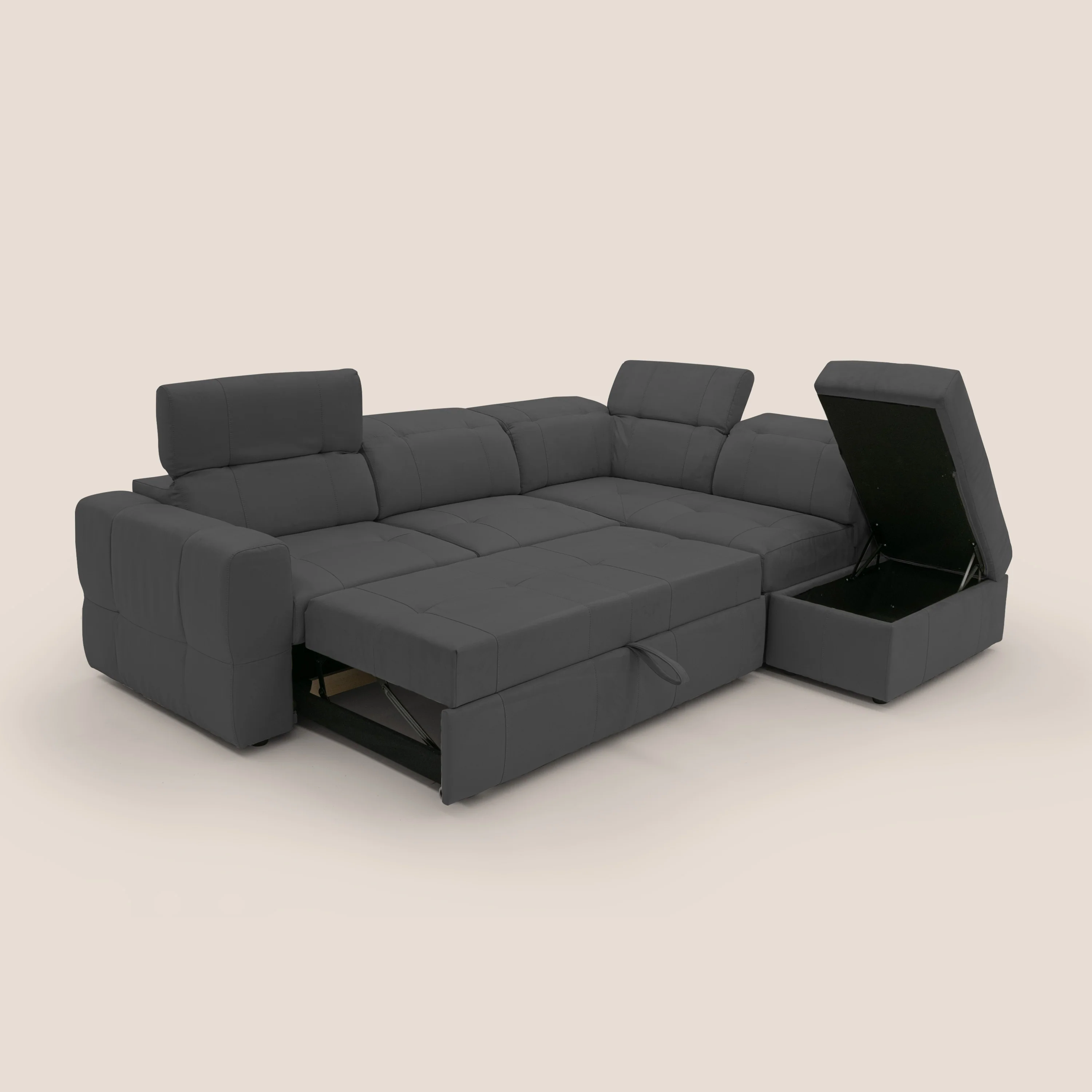 Kronos Canapé d'angle avec extractible et pouf coffre en micorfibre imperméable T11 noir - Image 2
