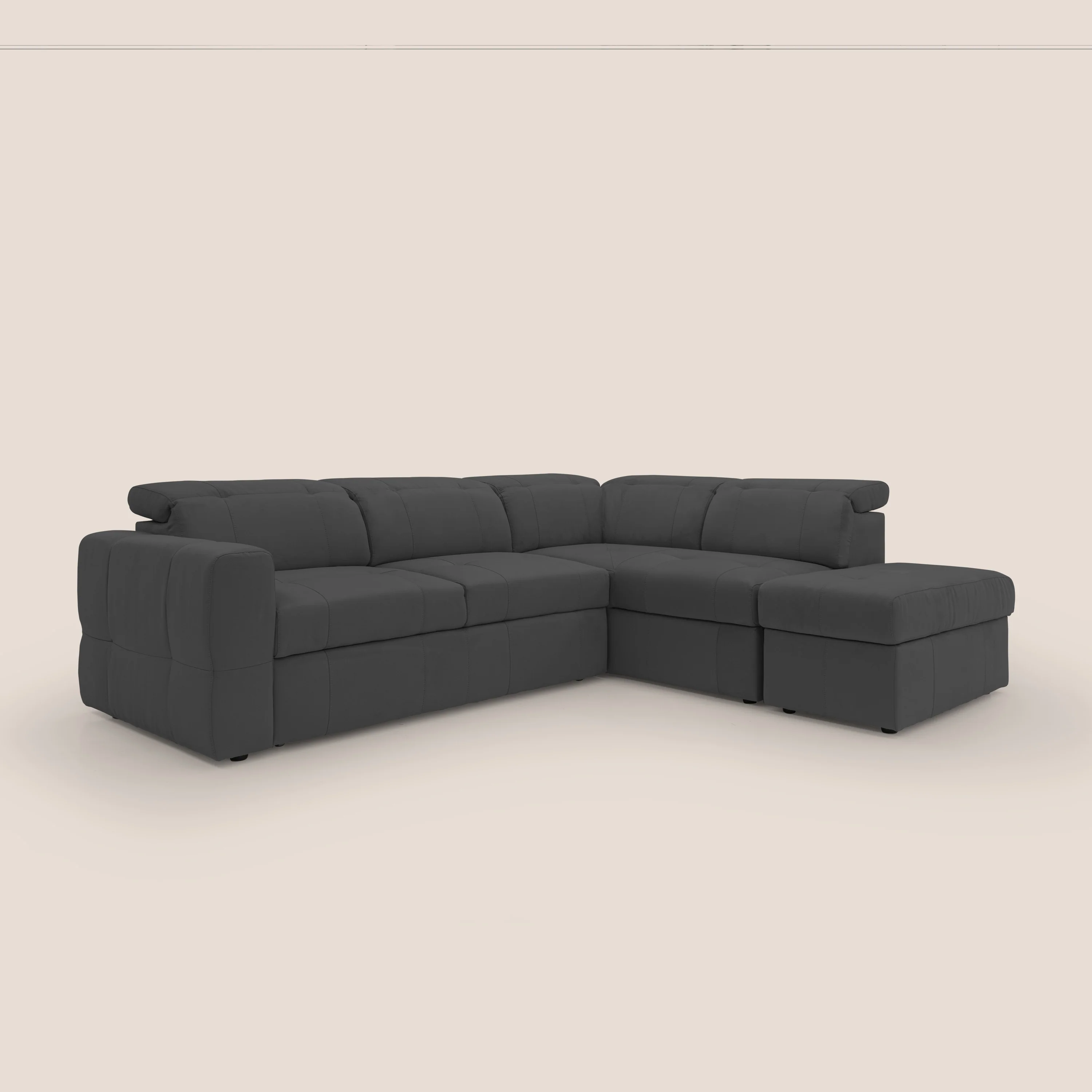 Kronos Canapé d'angle avec extractible et pouf coffre en micorfibre imperméable T11 noir - Image 4