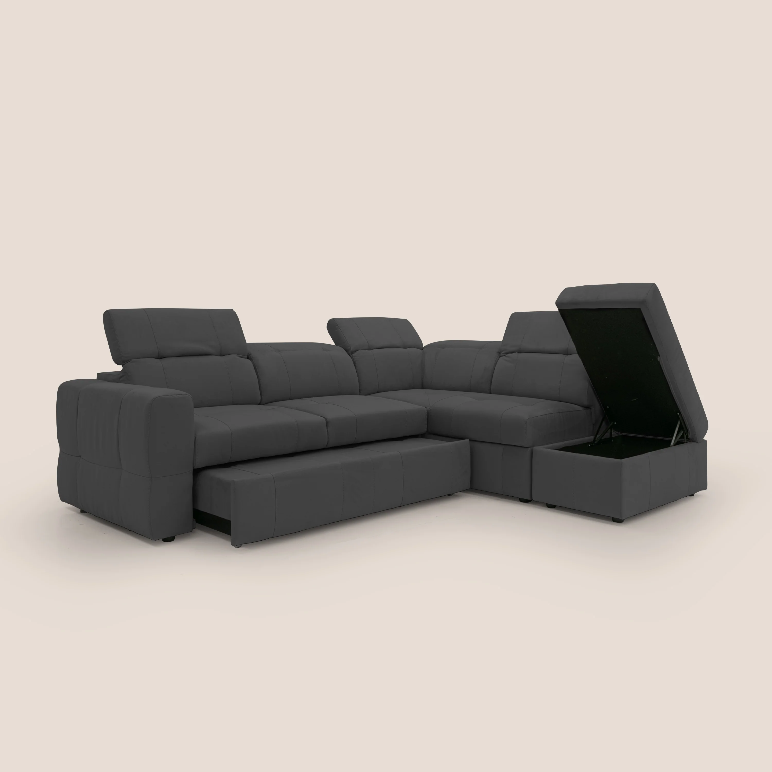 Kronos Canapé d'angle avec extractible et pouf coffre en micorfibre imperméable T11 noir - Image 7