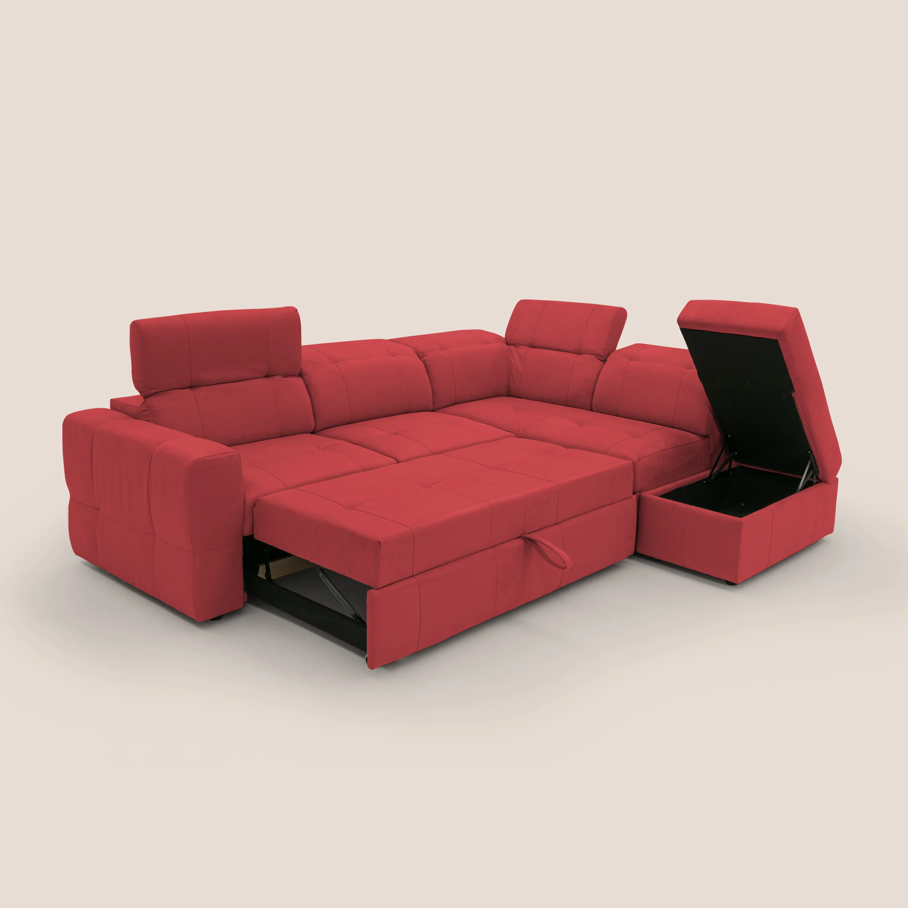 Kronos Canapé d'angle avec extractible et pouf coffre en micorfibre imperméable T11 rouge - Image 2